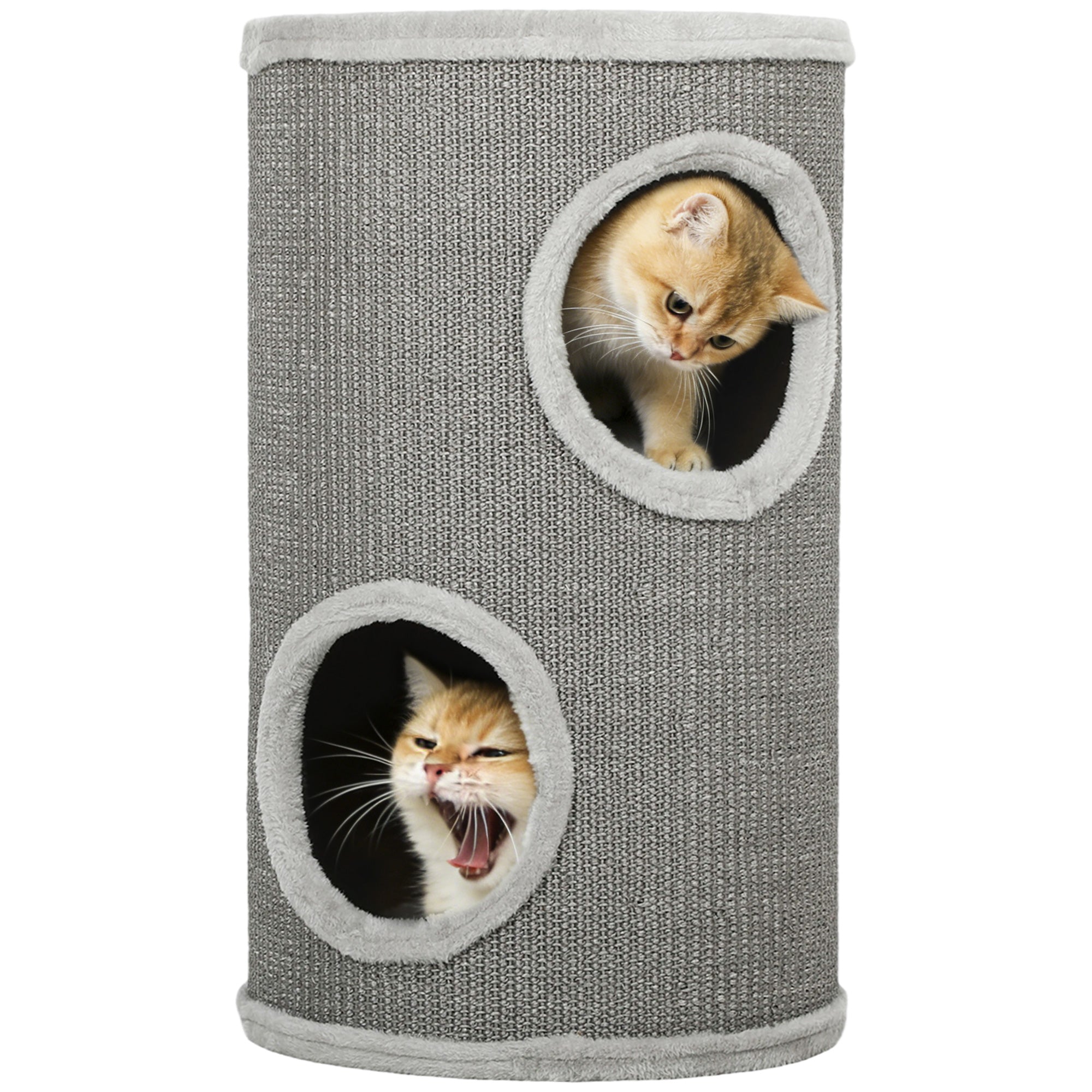 Barrel Cat Scratcher, 60 cm H x 35 cm Ø – Two-Level Cat Tower with 2 Hideouts, Plush-Edged Scratcher for 1–2 Cats up to 5 kg, Light Gray