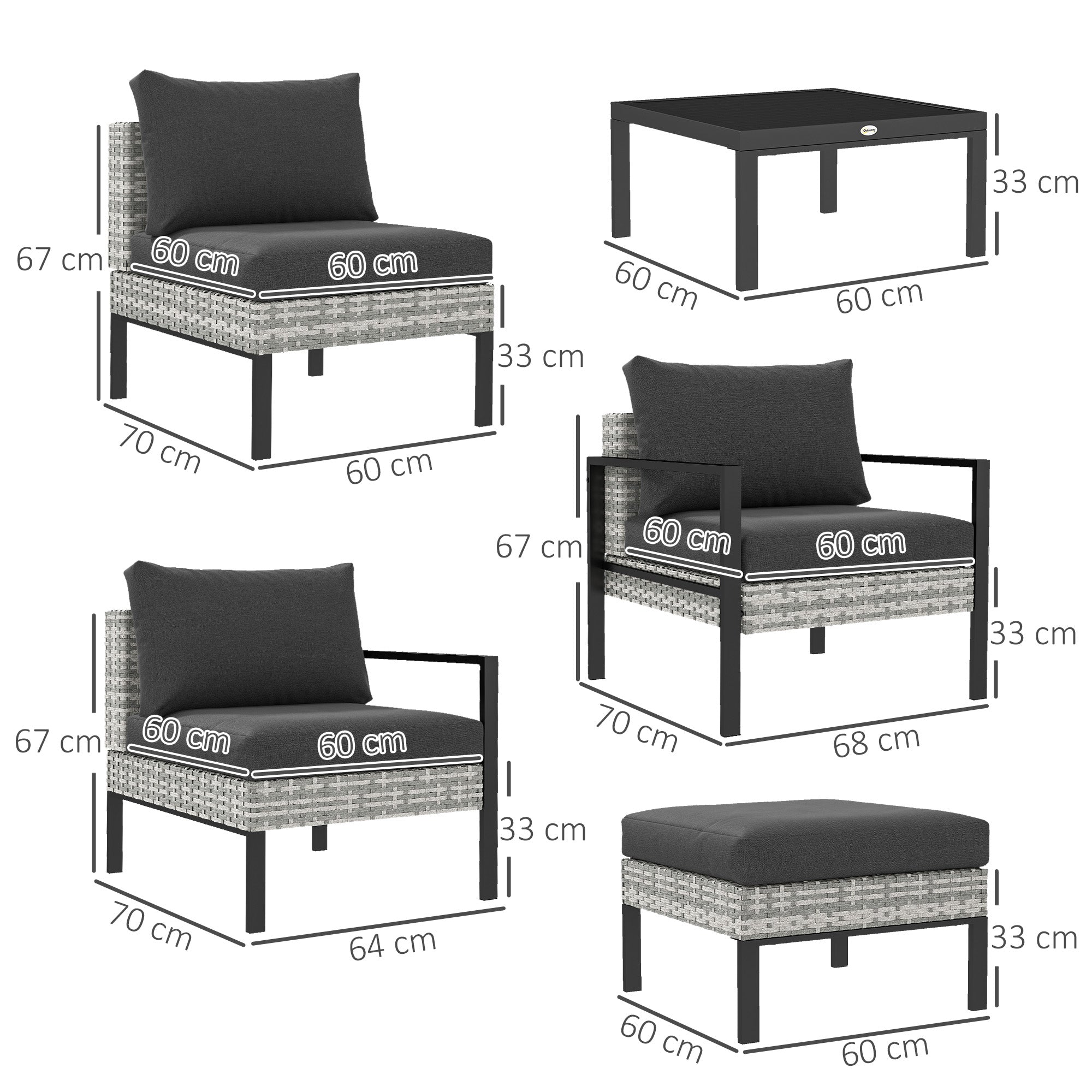 Outdoor Garden 5-Piece Lounge Set, Balcony Set in Resin Wicker with Armchairs, Ottoman, Coffee Table, Removable Cushions Included, 120kg Weight Capacity, Light Grey