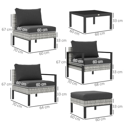Outdoor Garden 5-Piece Lounge Set, Balcony Set in Resin Wicker with Armchairs, Ottoman, Coffee Table, Removable Cushions Included, 120kg Weight Capacity, Light Grey