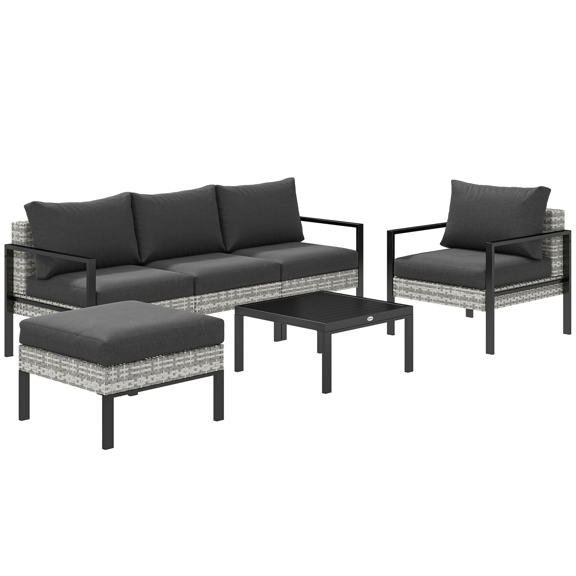 Outdoor Garden 5-Piece Lounge Set, Balcony Set in Resin Wicker with Armchairs, Ottoman, Coffee Table, Removable Cushions Included, 120kg Weight Capacity, Light Grey