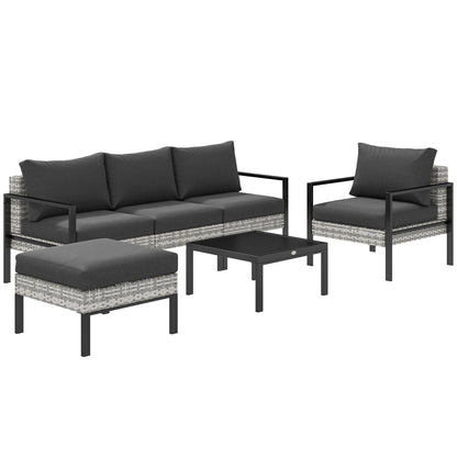 Outdoor Garden 5-Piece Lounge Set, Balcony Set in Resin Wicker with Armchairs, Ottoman, Coffee Table, Removable Cushions Included, 120kg Weight Capacity, Light Grey