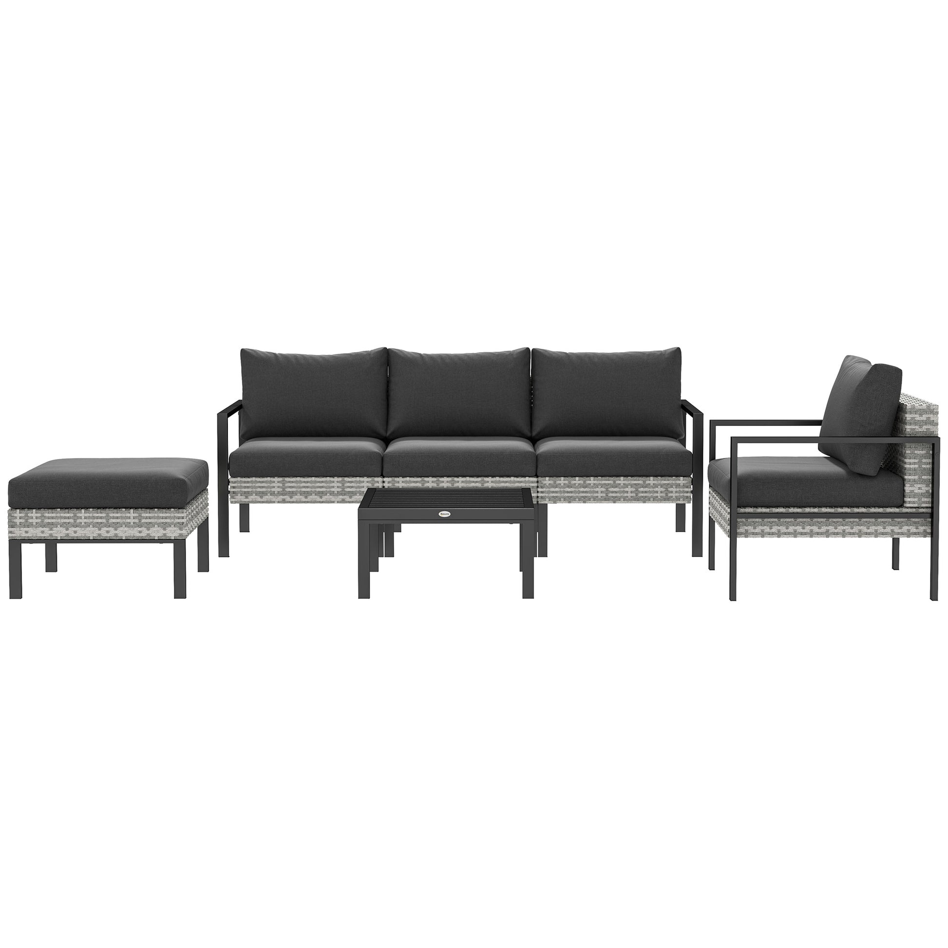Outdoor Garden 5-Piece Lounge Set, Balcony Set in Resin Wicker with Armchairs, Ottoman, Coffee Table, Removable Cushions Included, 120kg Weight Capacity, Light Grey