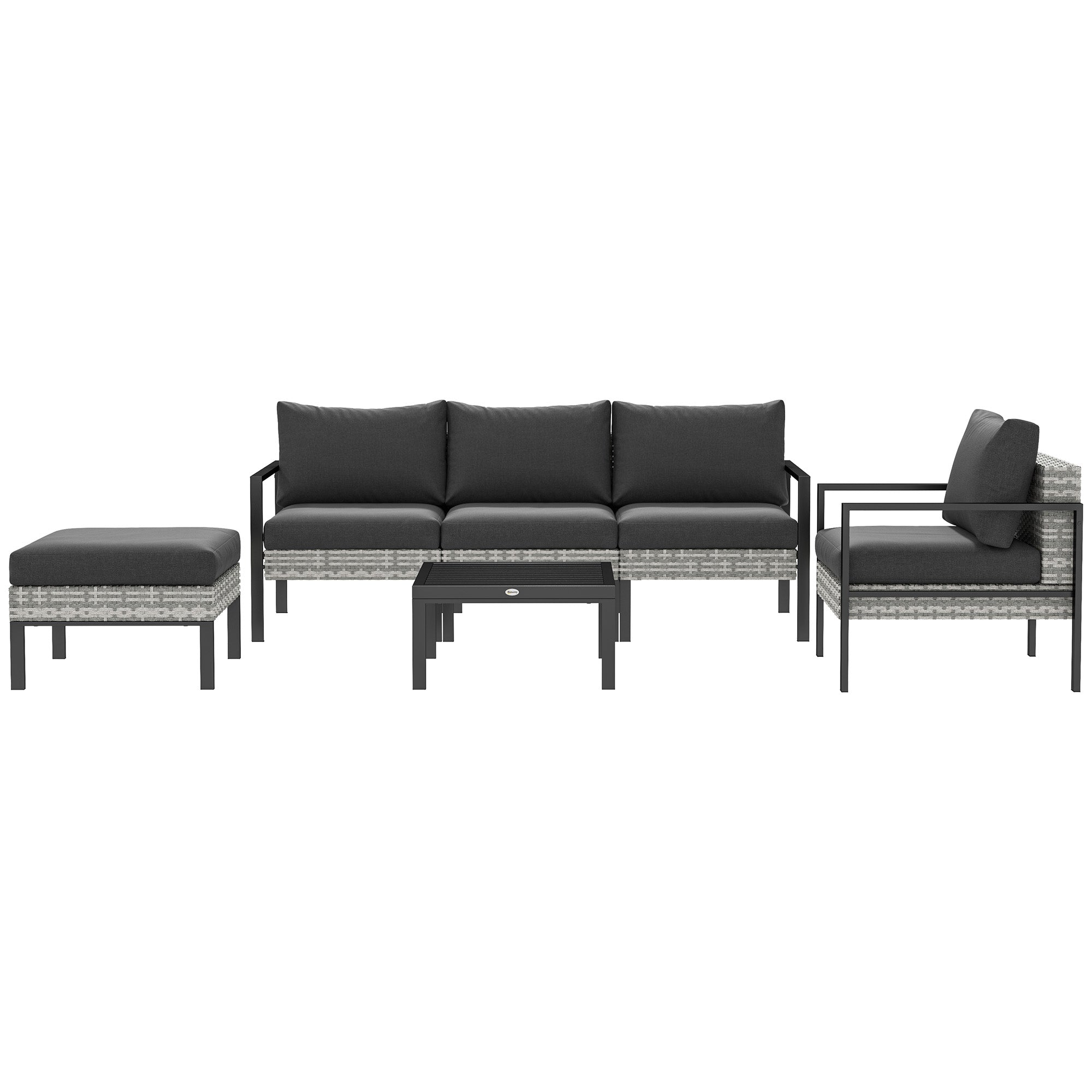 Outdoor Garden 5-Piece Lounge Set, Balcony Set in Resin Wicker with Armchairs, Ottoman, Coffee Table, Removable Cushions Included, 120kg Weight Capacity, Light Grey