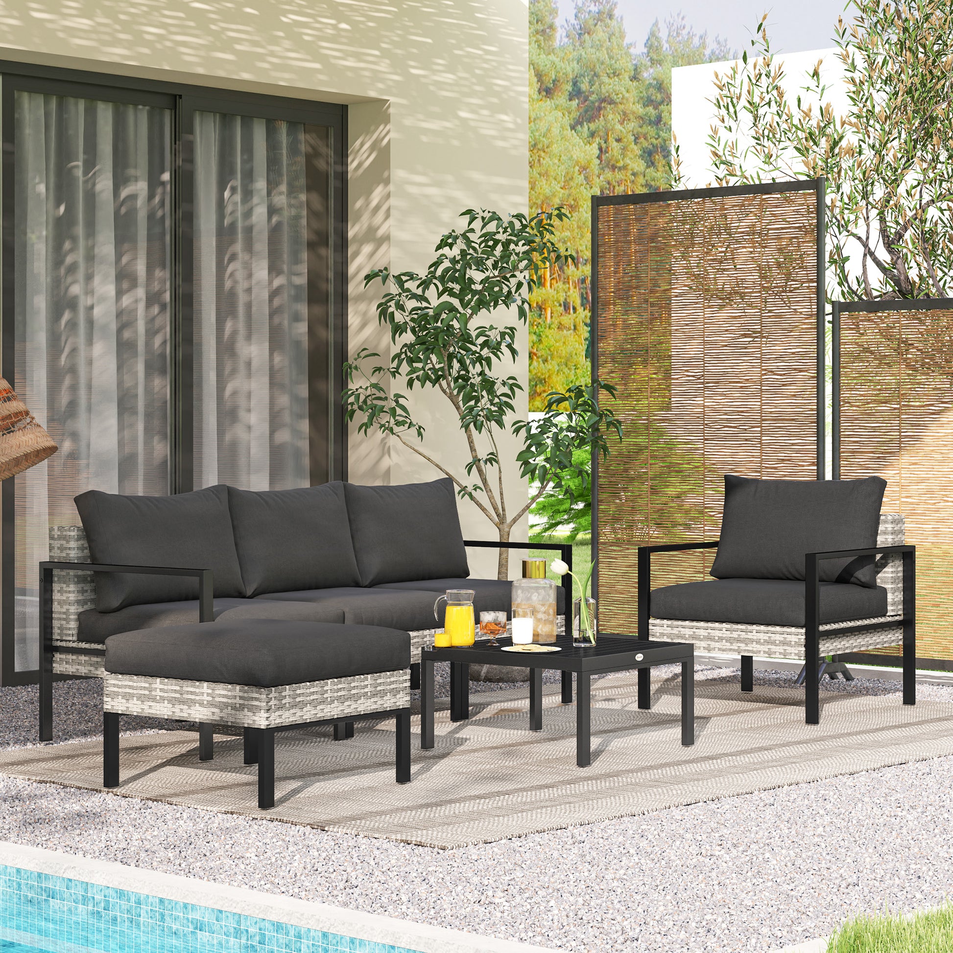 Outdoor Garden 5-Piece Lounge Set, Balcony Set in Resin Wicker with Armchairs, Ottoman, Coffee Table, Removable Cushions Included, 120kg Weight Capacity, Light Grey