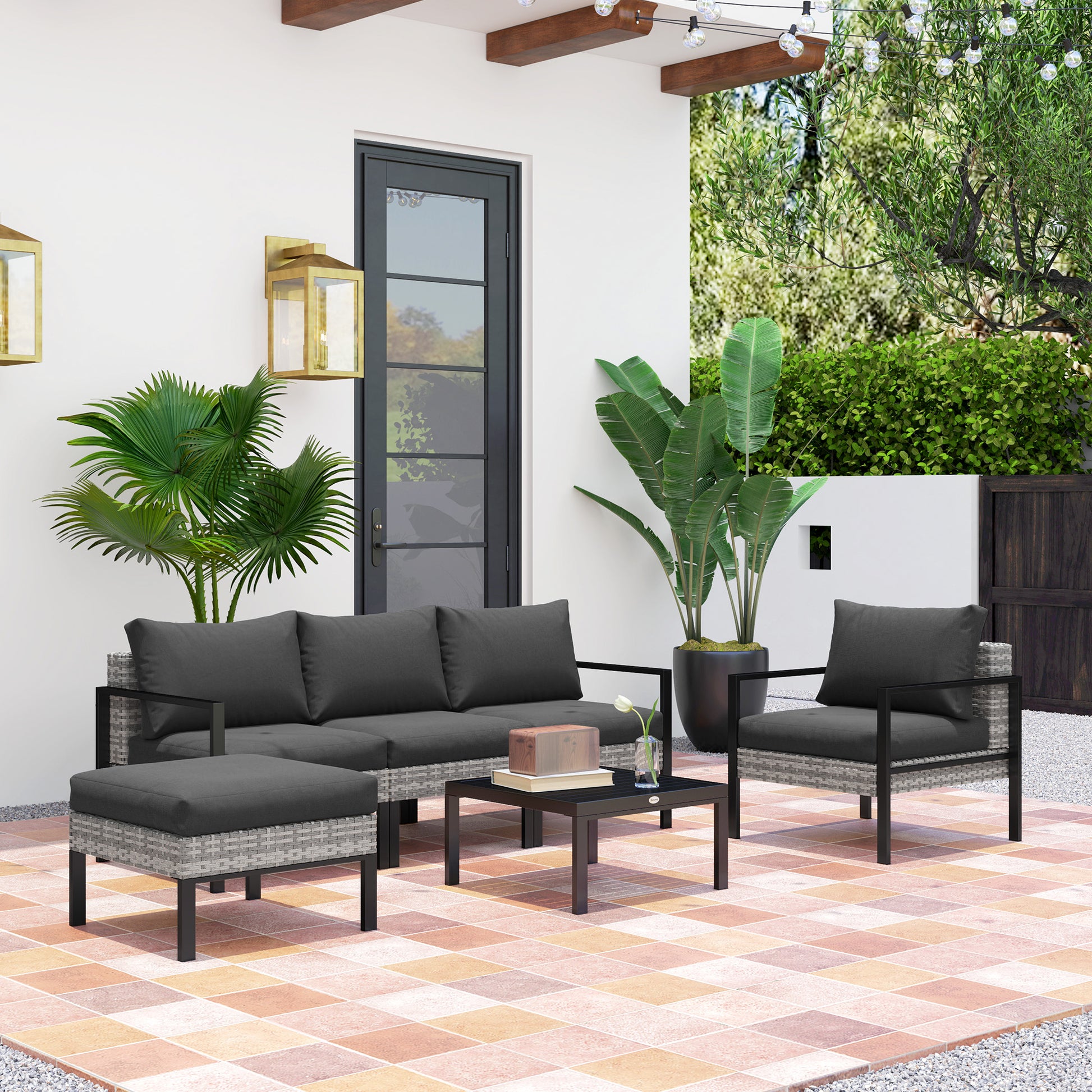 Outdoor Garden 5-Piece Lounge Set, Balcony Set in Resin Wicker with Armchairs, Ottoman, Coffee Table, Removable Cushions Included, 120kg Weight Capacity, Light Grey