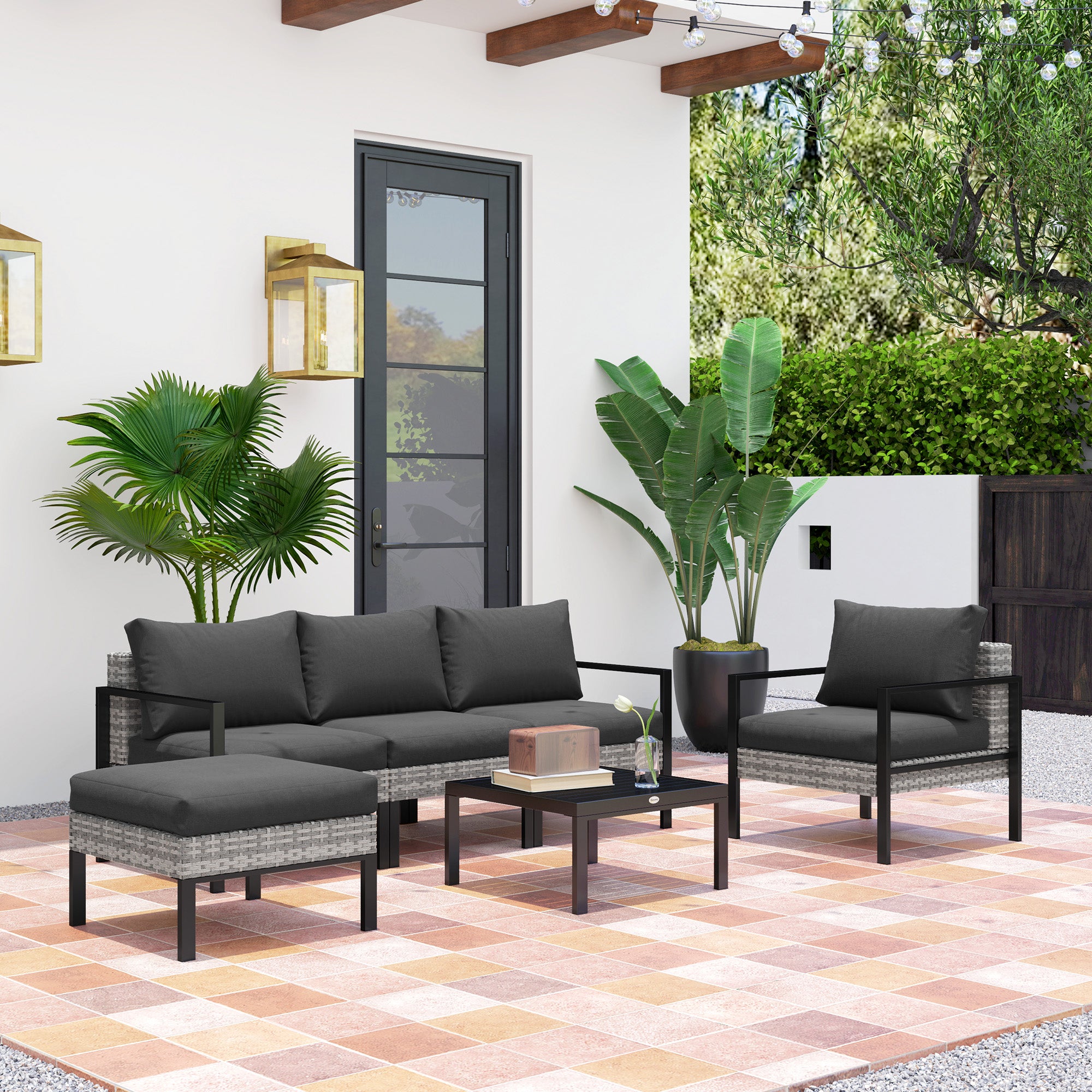 Outdoor Garden 5-Piece Lounge Set, Balcony Set in Resin Wicker with Armchairs, Ottoman, Coffee Table, Removable Cushions Included, 120kg Weight Capacity, Light Grey