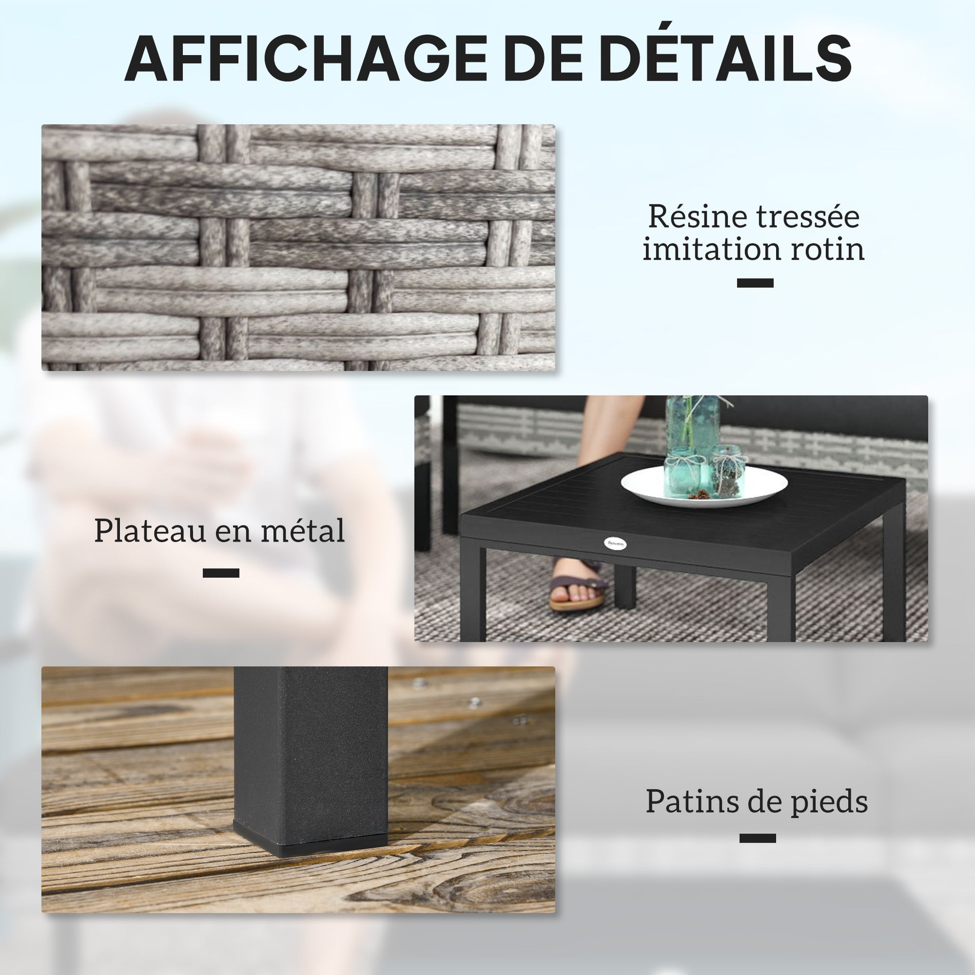 Outdoor Garden 5-Piece Lounge Set, Balcony Set in Resin Wicker with Armchairs, Ottoman, Coffee Table, Removable Cushions Included, 120kg Weight Capacity, Light Grey