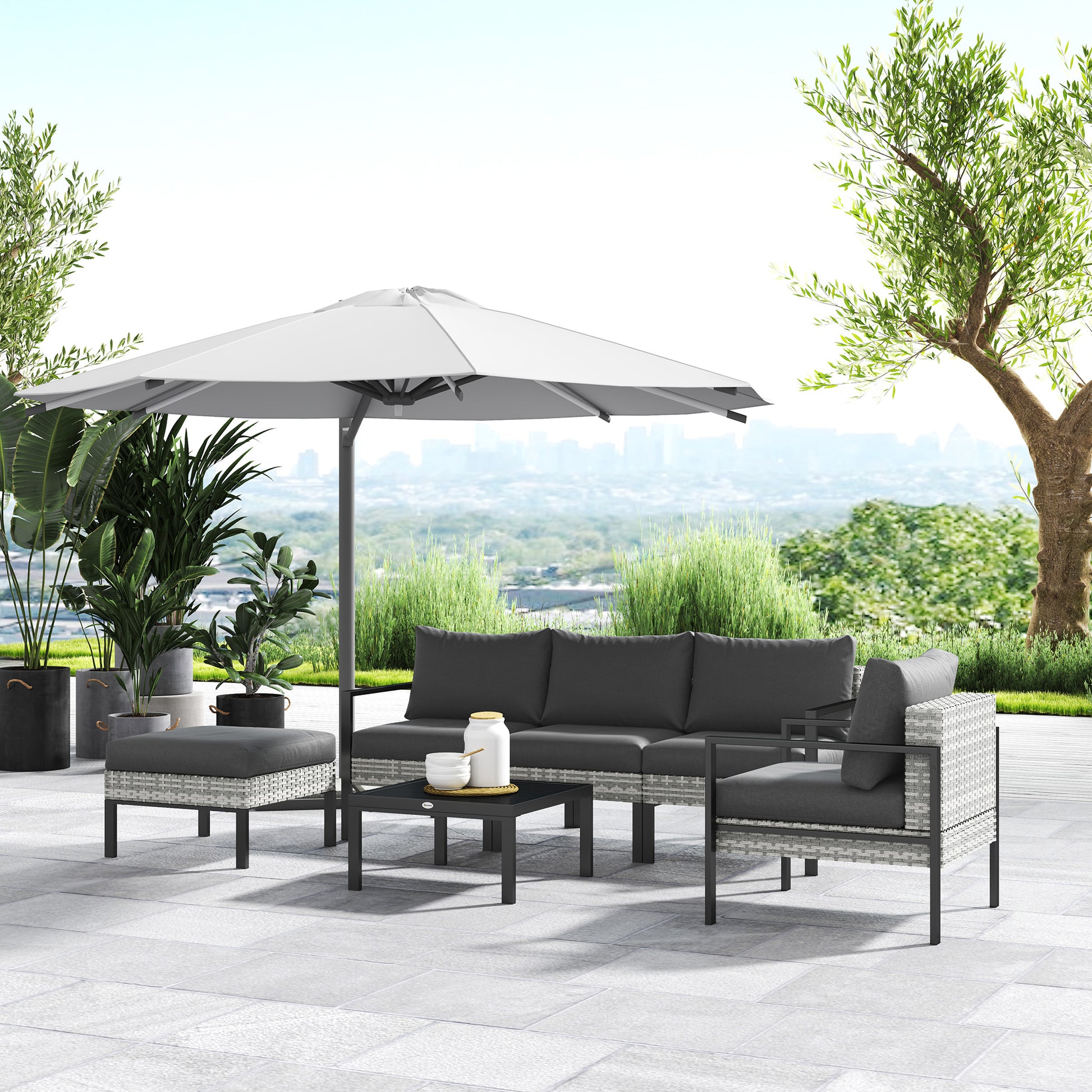 Outdoor Garden 5-Piece Lounge Set, Balcony Set in Resin Wicker with Armchairs, Ottoman, Coffee Table, Removable Cushions Included, 120kg Weight Capacity, Light Grey