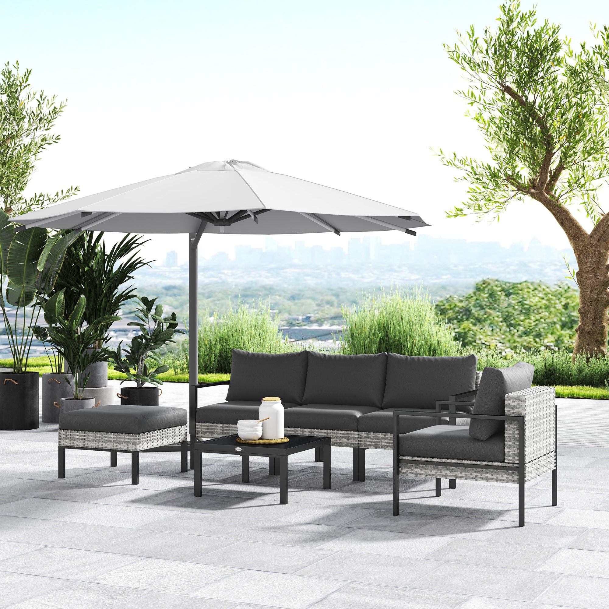 Outdoor Garden 5-Piece Lounge Set, Balcony Set in Resin Wicker with Armchairs, Ottoman, Coffee Table, Removable Cushions Included, 120kg Weight Capacity, Light Grey