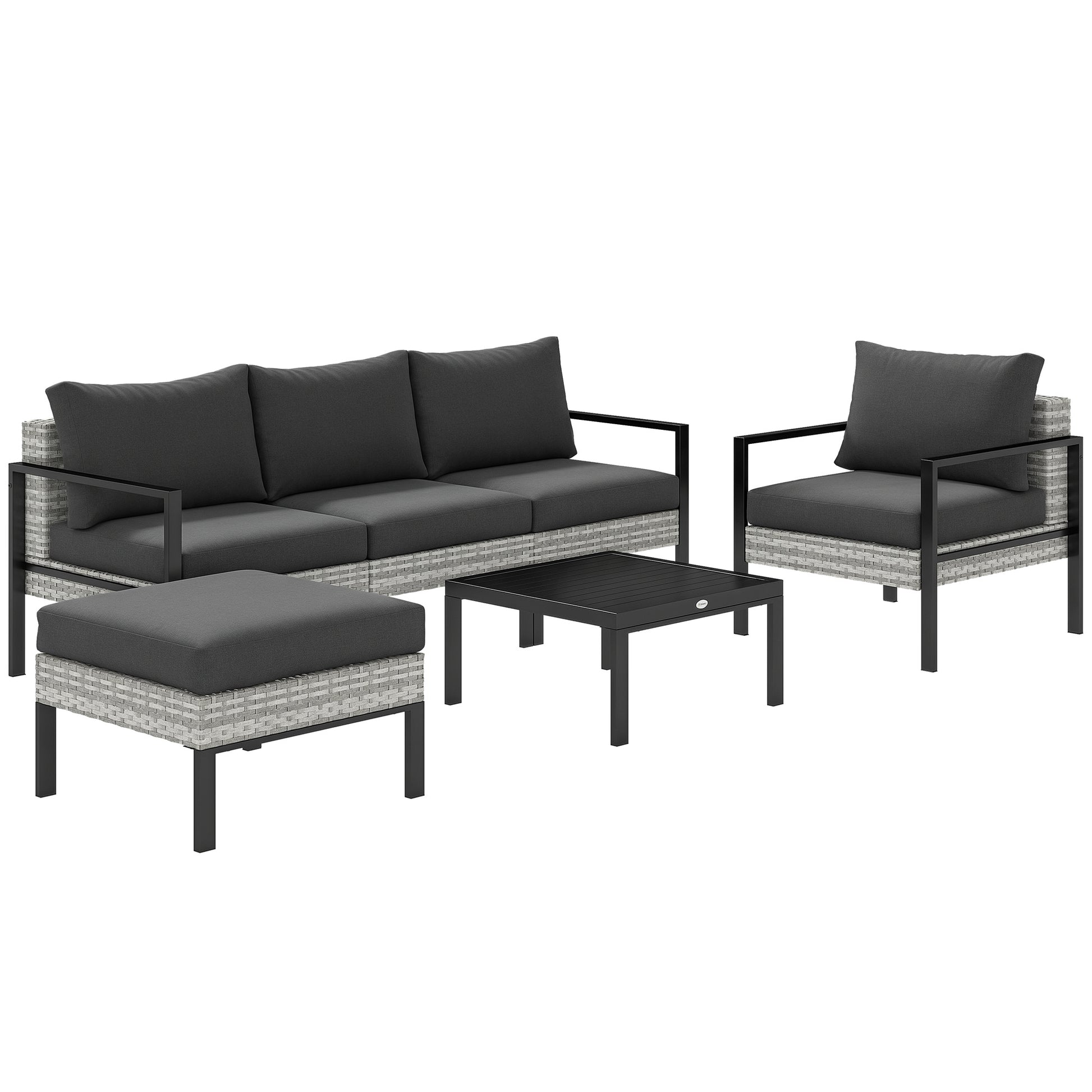 Outdoor Garden 5-Piece Lounge Set, Balcony Set in Resin Wicker with Armchairs, Ottoman, Coffee Table, Removable Cushions Included, 120kg Weight Capacity, Light Grey