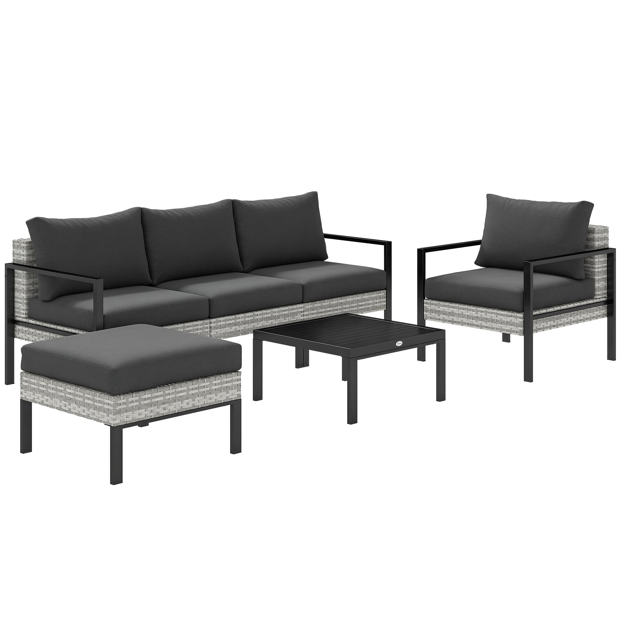 Outdoor Garden 5-Piece Lounge Set, Balcony Set in Resin Wicker with Armchairs, Ottoman, Coffee Table, Removable Cushions Included, 120kg Weight Capacity, Light Grey