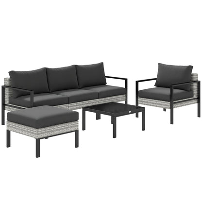 Outdoor Garden 5-Piece Lounge Set, Balcony Set in Resin Wicker with Armchairs, Ottoman, Coffee Table, Removable Cushions Included, 120kg Weight Capacity, Light Grey