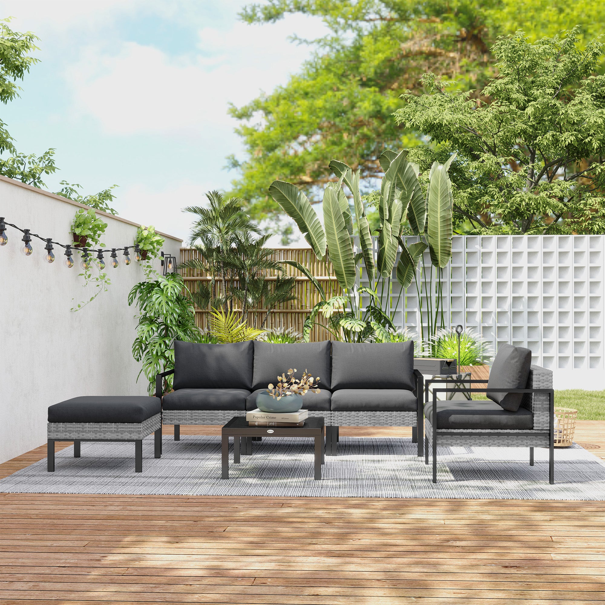 Outdoor Garden 5-Piece Lounge Set, Balcony Set in Resin Wicker with Armchairs, Ottoman, Coffee Table, Removable Cushions Included, 120kg Weight Capacity, Light Grey