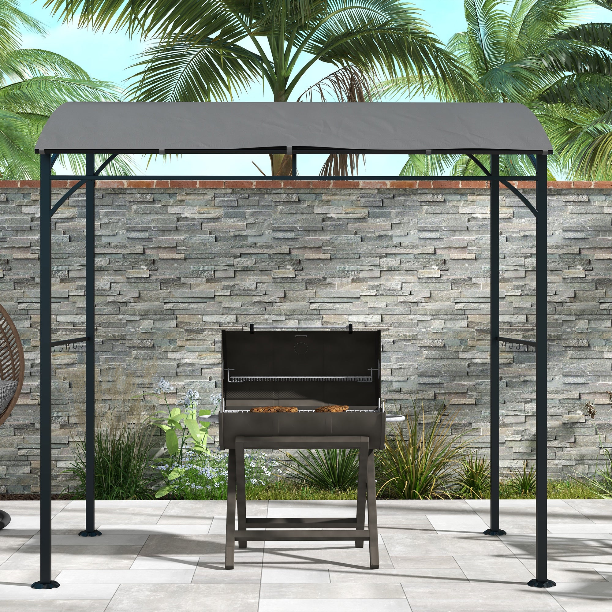 Grill Pavilion 215 x 150 x 220 cm Water-Resistant Garden Pavilion with Curved Roof, Garden Arbour with Hooks, BBQ Pavilion, Garden Tent Grill Tent Party Tent for Garden Party Picnic BBQ, Dark Gray