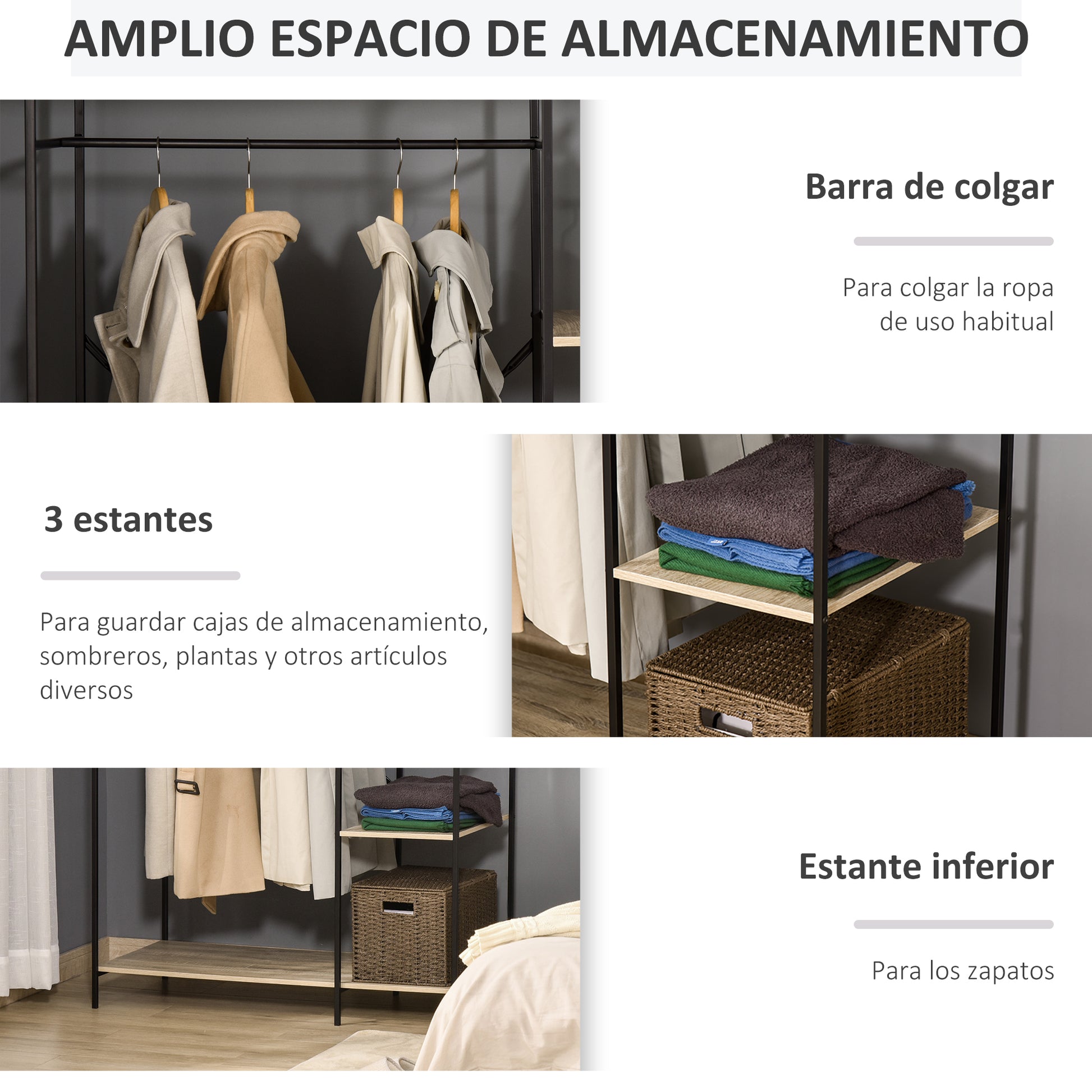 Clothes Rack Wood Coat Rack with 4 Storage Shelves and Hanging Rod Load 30 kg for Bedroom Living Room Entryway 100x46x170.5 cm Natural