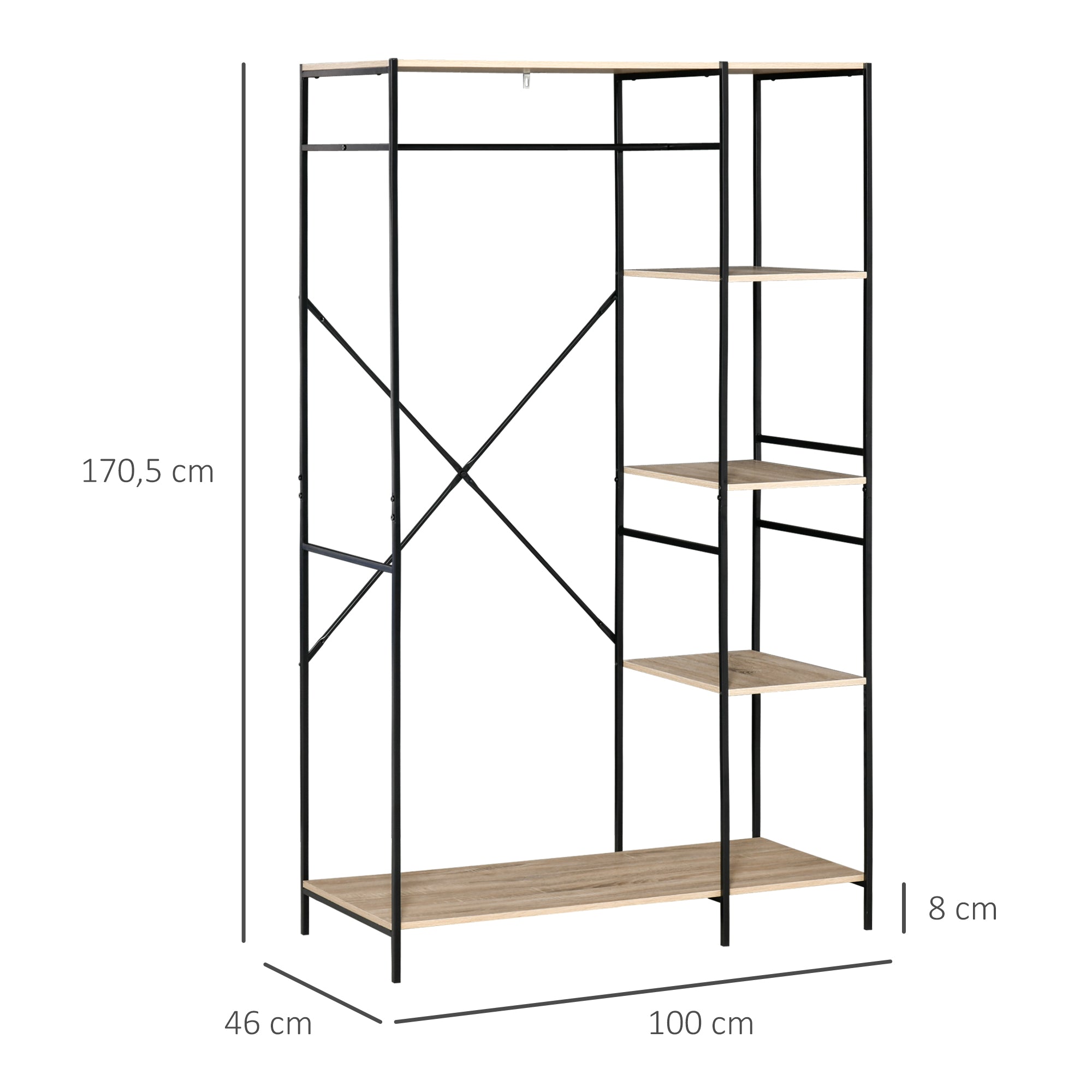 Clothes Rack Wood Coat Rack with 4 Storage Shelves and Hanging Rod Load 30 kg for Bedroom Living Room Entryway 100x46x170.5 cm Natural