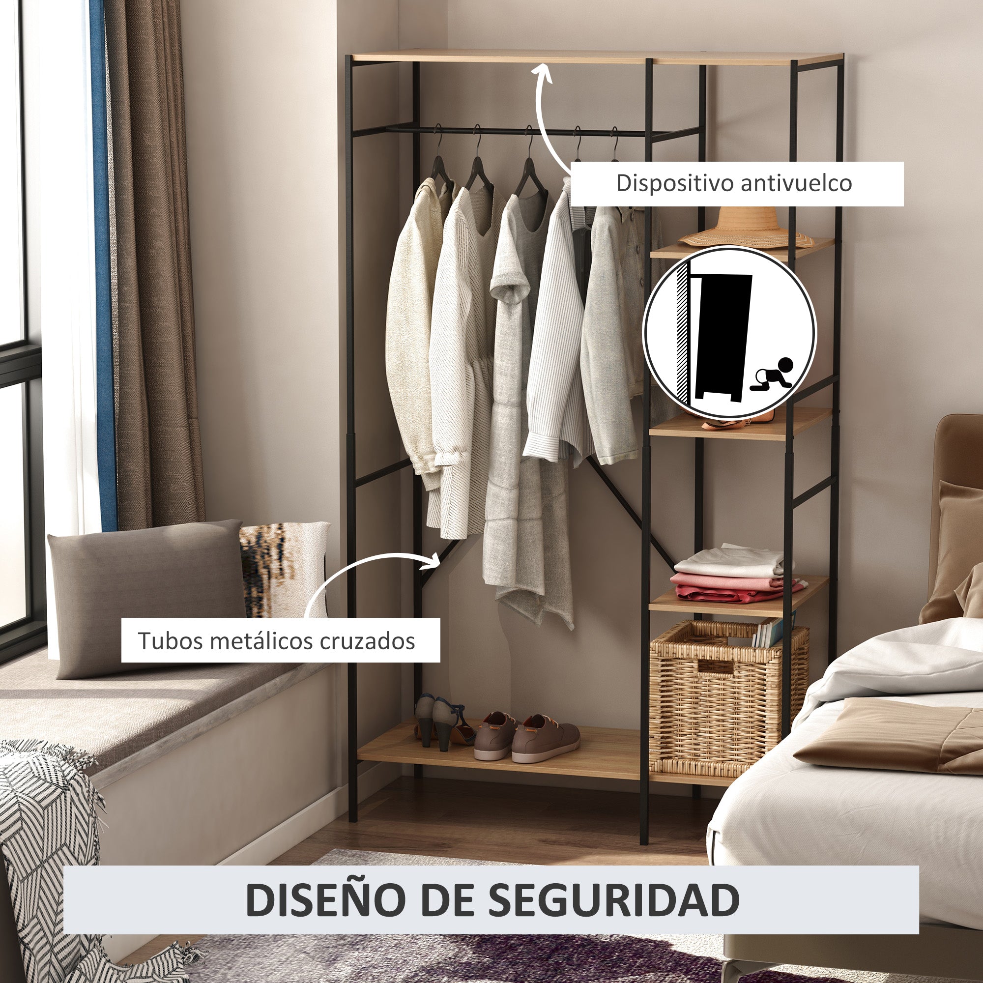 Clothes Rack Wood Coat Rack with 4 Storage Shelves and Hanging Rod Load 30 kg for Bedroom Living Room Entryway 100x46x170.5 cm Natural