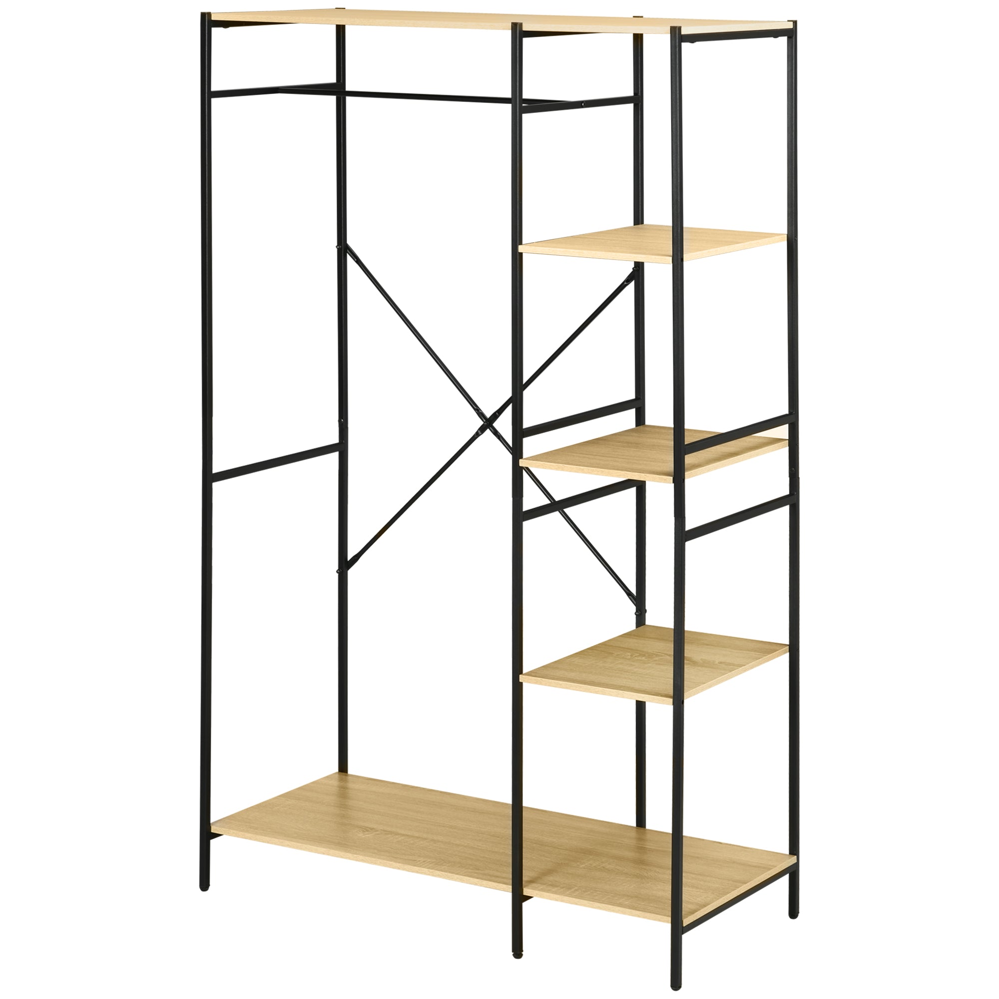 Clothes Rack Wood Coat Rack with 4 Storage Shelves and Hanging Rod Load 30 kg for Bedroom Living Room Entryway 100x46x170.5 cm Natural