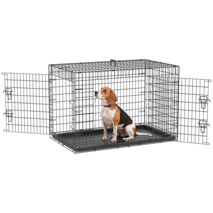 Foldable Dog Cage Dog Carrier with 2 Doors Removable Tray and Transport Handle 92x57x62.5 cm Black