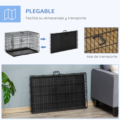 Foldable Dog Cage Dog Carrier with 2 Doors Removable Tray and Transport Handle 92x57x62.5 cm Black