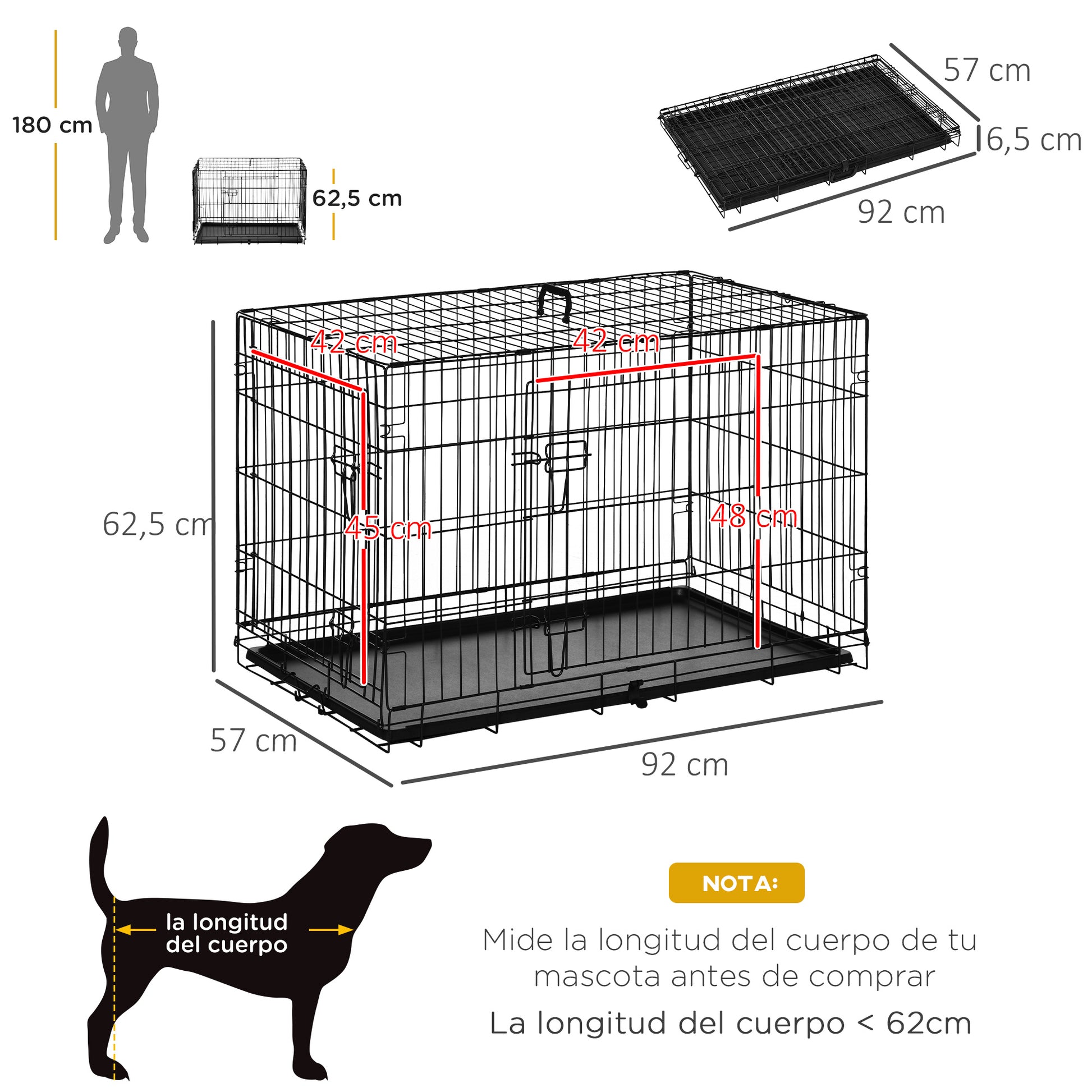 Foldable Dog Cage Dog Carrier with 2 Doors Removable Tray and Transport Handle 92x57x62.5 cm Black