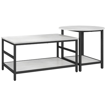 Coffee Table 2-Piece Set Side Table, End Table, Coffee Table, Sofa Table in Modern Design, Living Room Table with Marble Look, for Bedroom, Steel