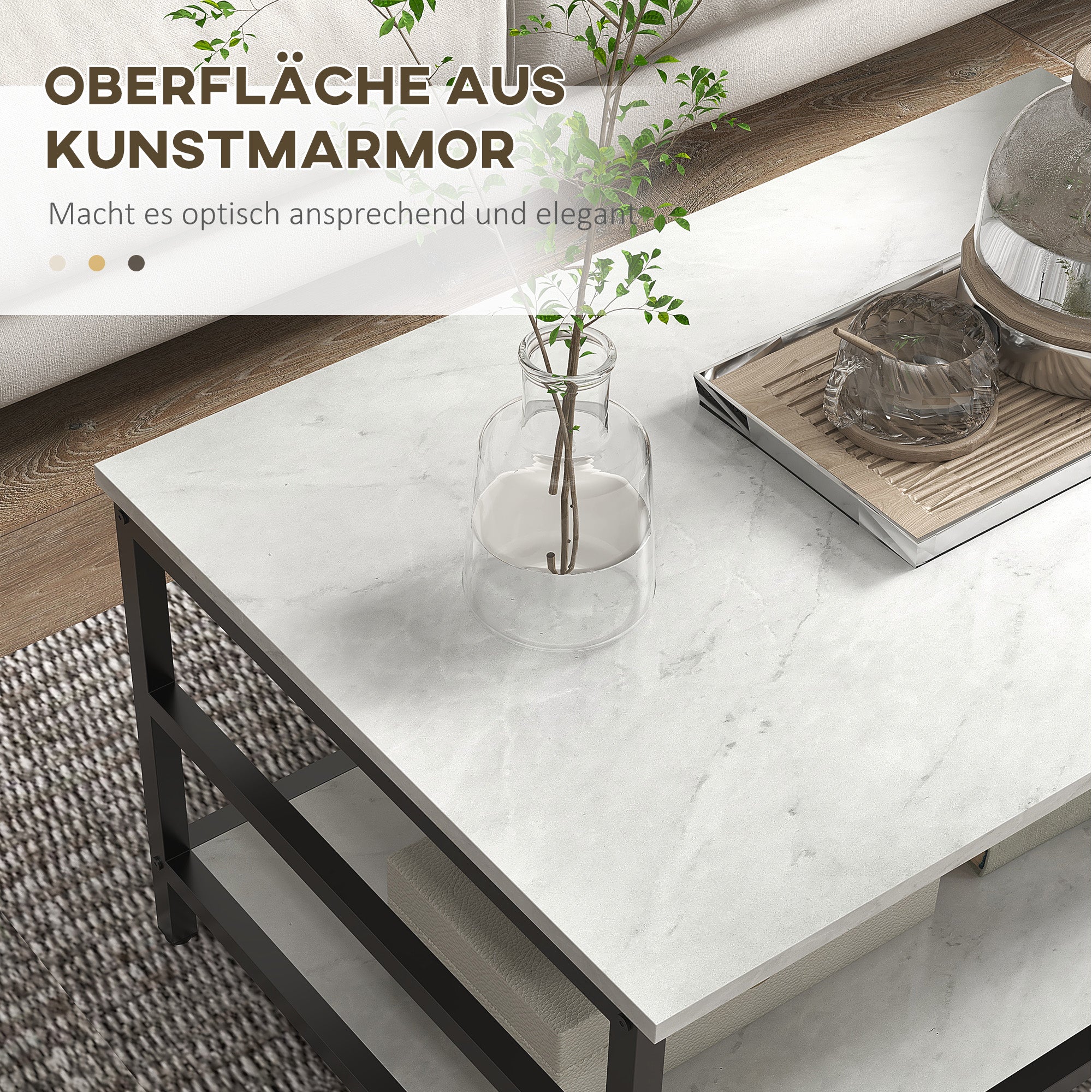 Coffee Table 2-Piece Set Side Table, End Table, Coffee Table, Sofa Table in Modern Design, Living Room Table with Marble Look, for Bedroom, Steel
