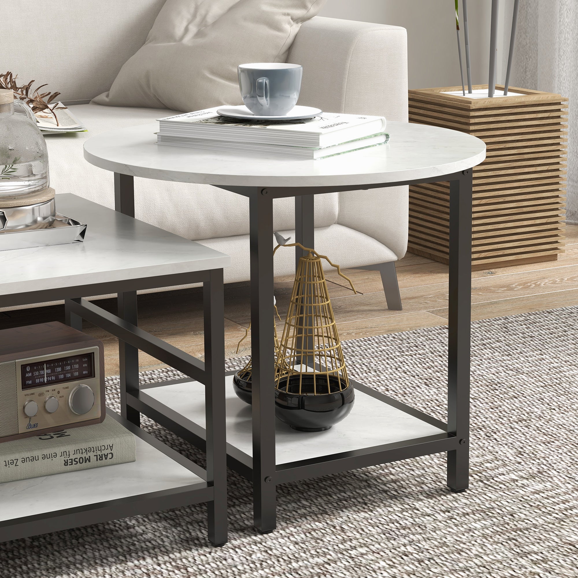 Coffee Table 2-Piece Set Side Table, End Table, Coffee Table, Sofa Table in Modern Design, Living Room Table with Marble Look, for Bedroom, Steel