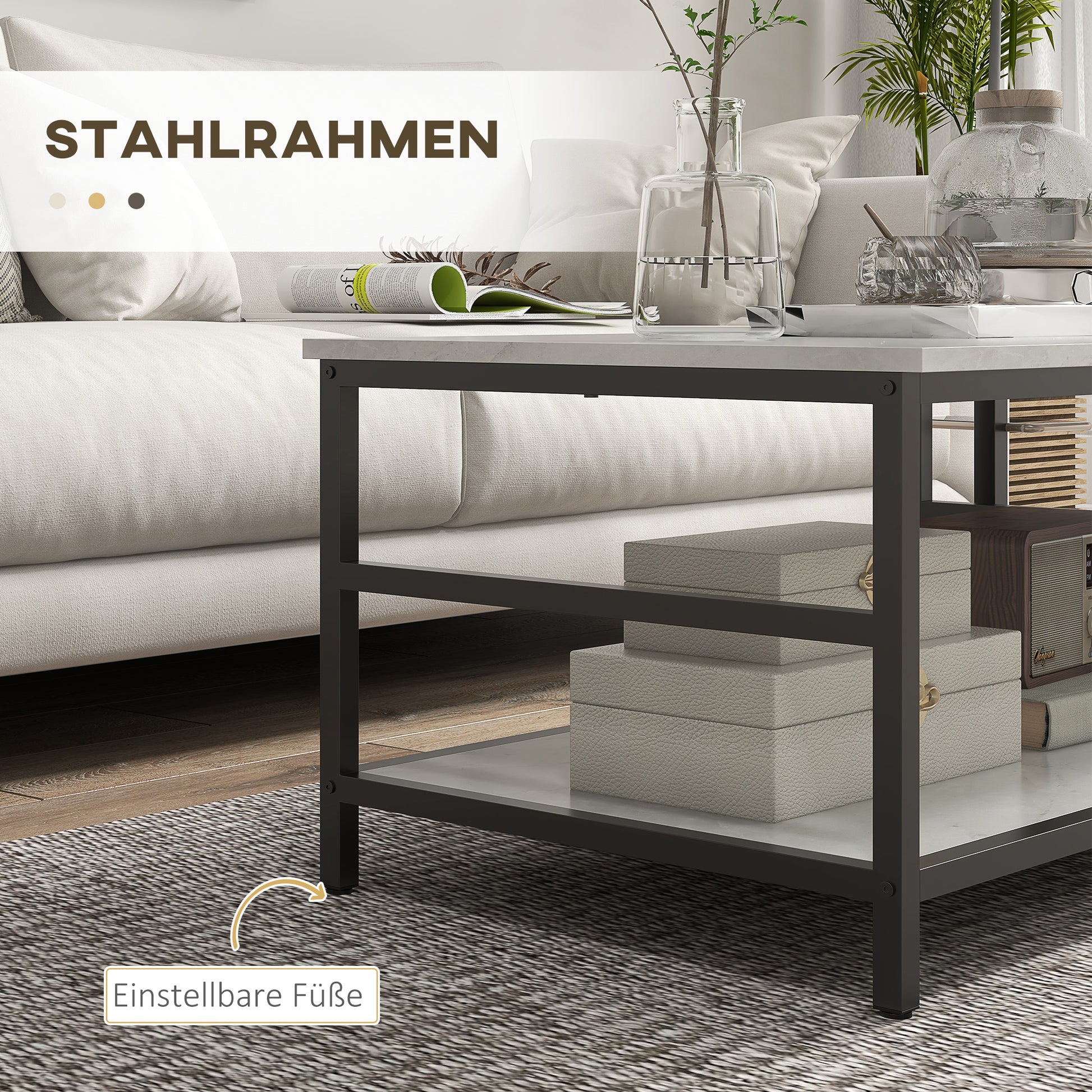 Coffee Table 2-Piece Set Side Table, End Table, Coffee Table, Sofa Table in Modern Design, Living Room Table with Marble Look, for Bedroom, Steel