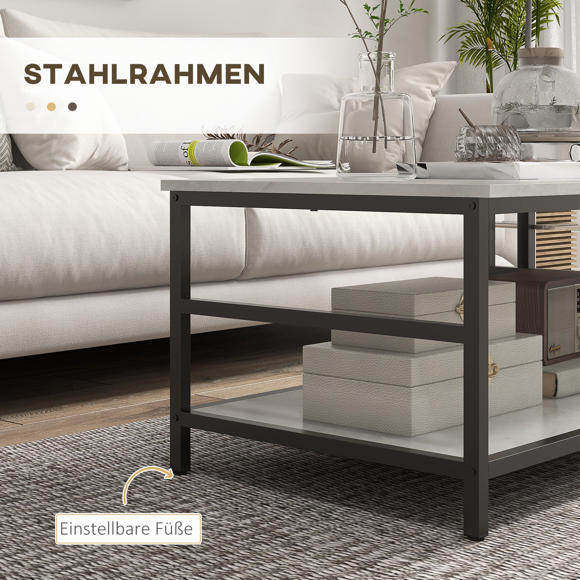 Coffee Table 2-Piece Set Side Table, End Table, Coffee Table, Sofa Table in Modern Design, Living Room Table with Marble Look, for Bedroom, Steel