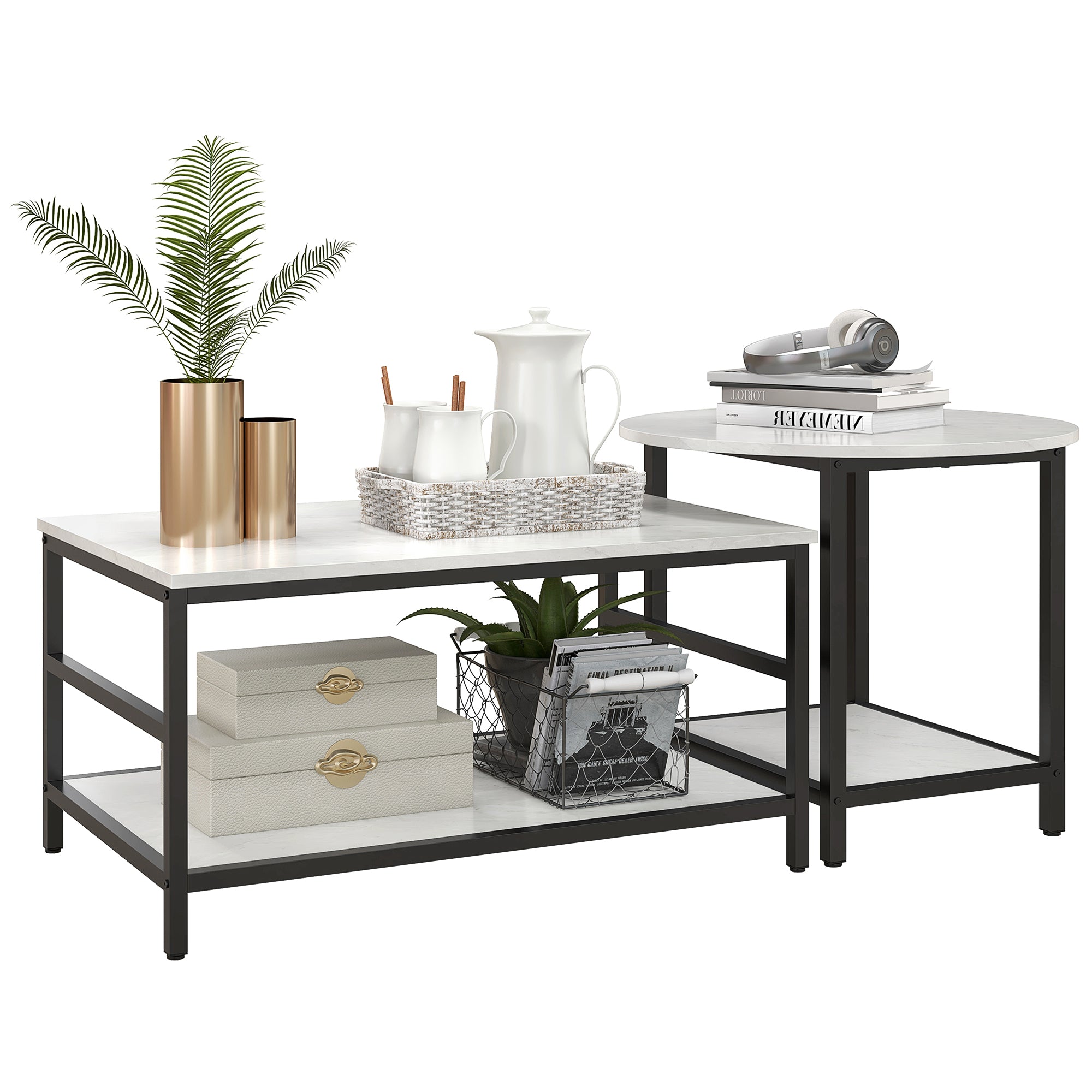 Coffee Table 2-Piece Set Side Table, End Table, Coffee Table, Sofa Table in Modern Design, Living Room Table with Marble Look, for Bedroom, Steel