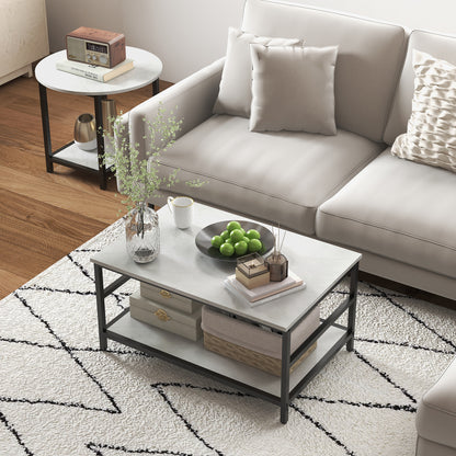 Coffee Table 2-Piece Set Side Table, End Table, Coffee Table, Sofa Table in Modern Design, Living Room Table with Marble Look, for Bedroom, Steel