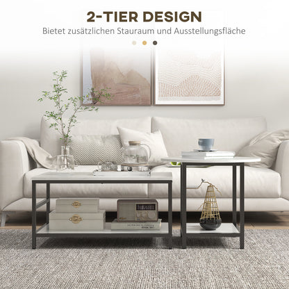 Coffee Table 2-Piece Set Side Table, End Table, Coffee Table, Sofa Table in Modern Design, Living Room Table with Marble Look, for Bedroom, Steel