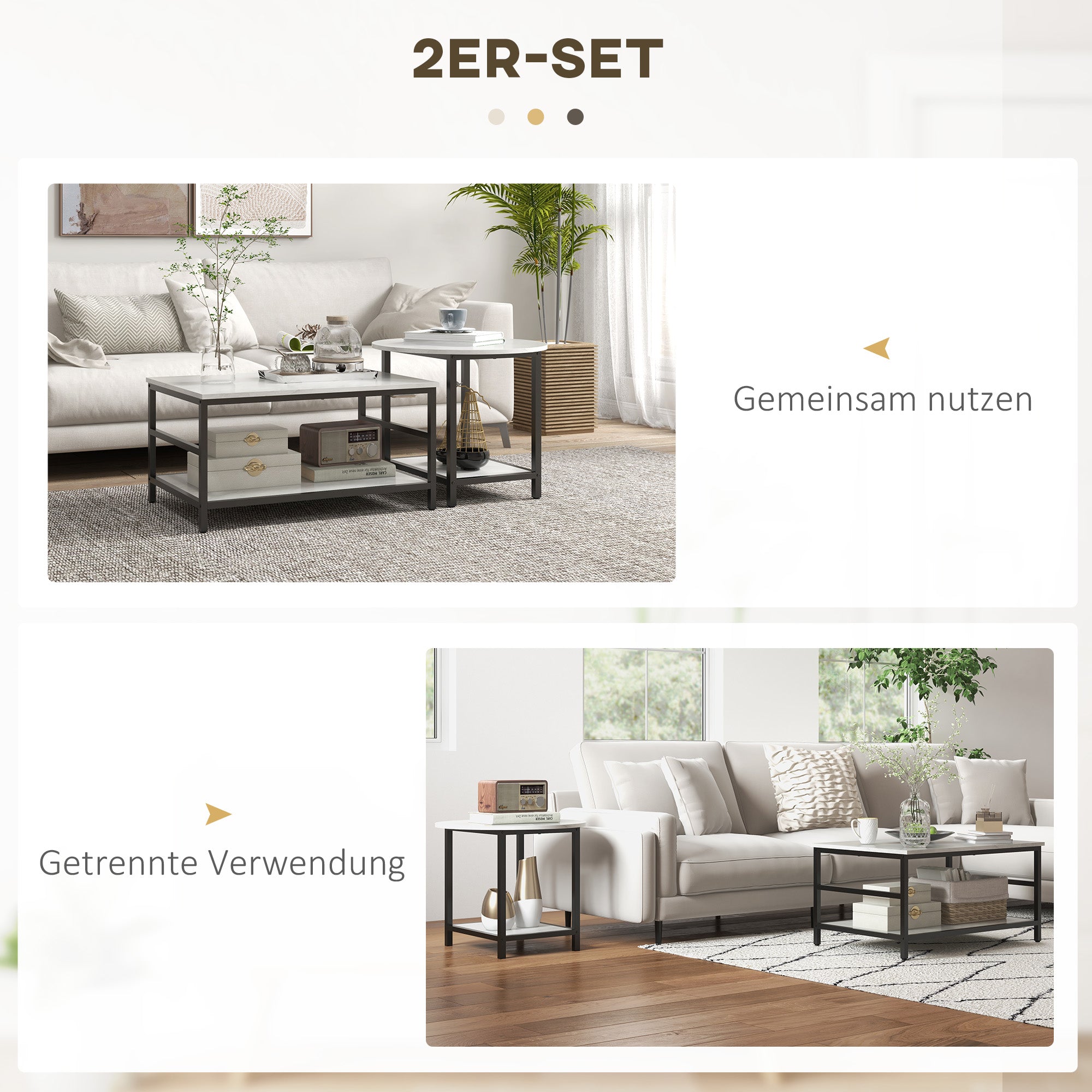Coffee Table 2-Piece Set Side Table, End Table, Coffee Table, Sofa Table in Modern Design, Living Room Table with Marble Look, for Bedroom, Steel