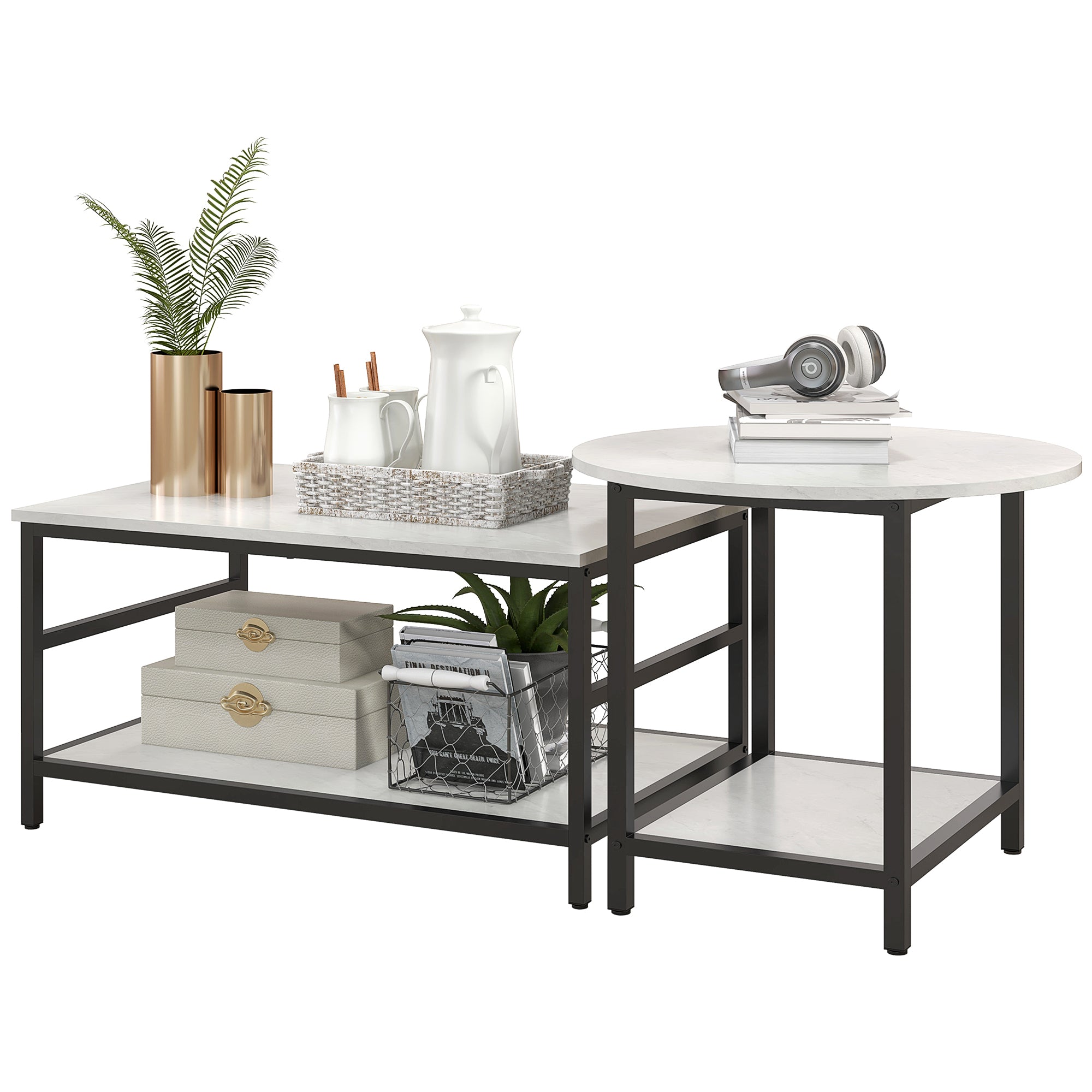 Coffee Table 2-Piece Set Side Table, End Table, Coffee Table, Sofa Table in Modern Design, Living Room Table with Marble Look, for Bedroom, Steel
