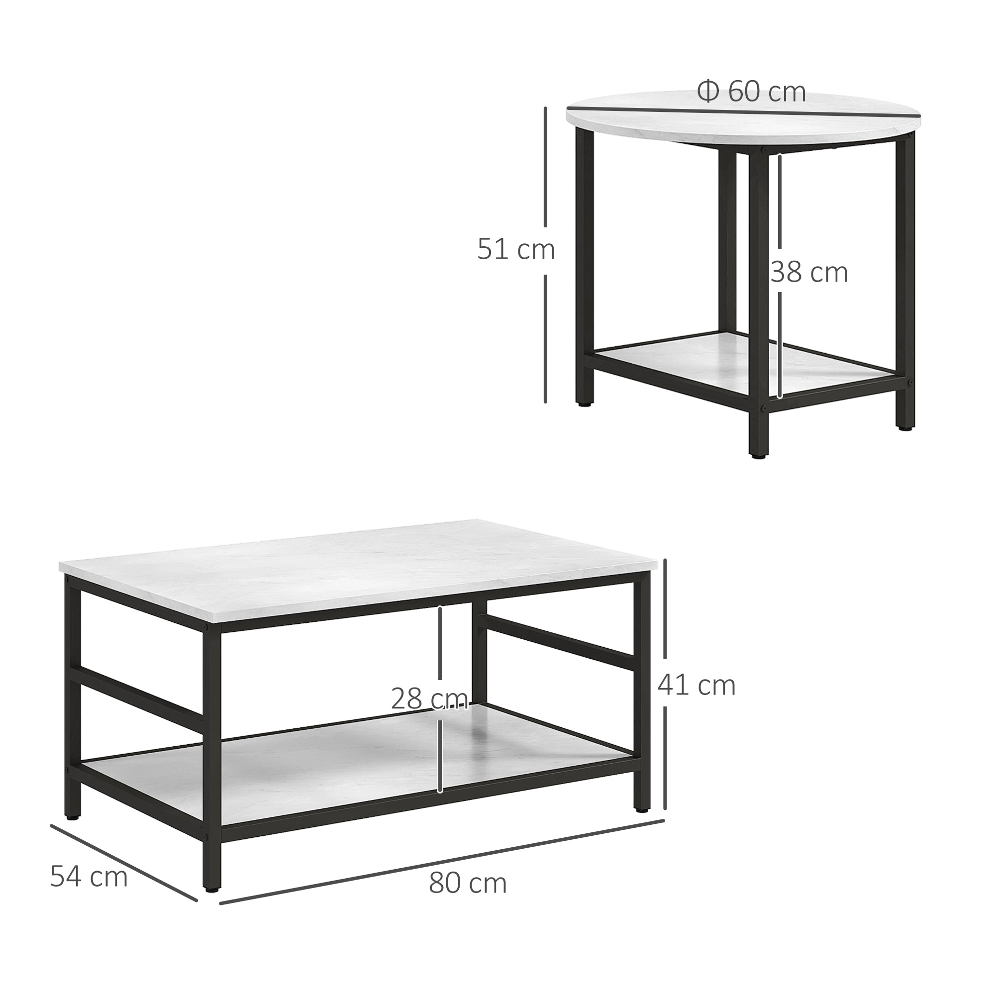Coffee Table 2-Piece Set Side Table, End Table, Coffee Table, Sofa Table in Modern Design, Living Room Table with Marble Look, for Bedroom, Steel