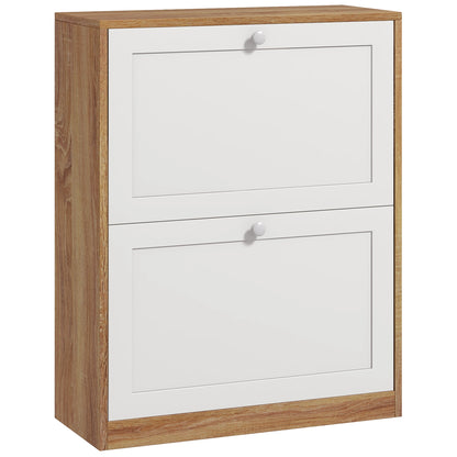 Slim Shoe Cabinet with 3 Adjustable Shelves at 2 Levels or Removable for 12 Pairs, Shoe Storage Cabinet in Chipboard and MDF Space Saver, 60x24.5x75.5 cm, White and Oak