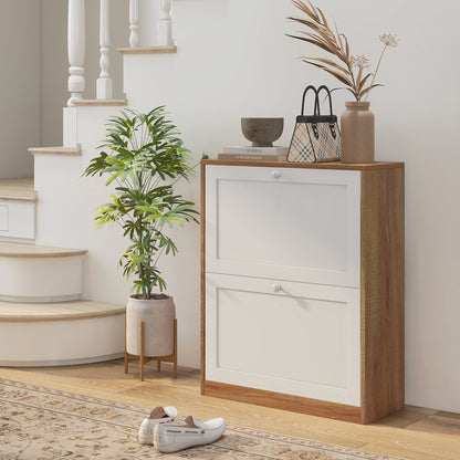 Slim Shoe Cabinet with 3 Adjustable Shelves at 2 Levels or Removable for 12 Pairs, Shoe Storage Cabinet in Chipboard and MDF Space Saver, 60x24.5x75.5 cm, White and Oak