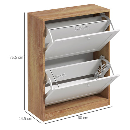 Slim Shoe Cabinet with 3 Adjustable Shelves at 2 Levels or Removable for 12 Pairs, Shoe Storage Cabinet in Chipboard and MDF Space Saver, 60x24.5x75.5 cm, White and Oak