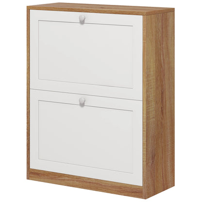 Slim Shoe Cabinet with 3 Adjustable Shelves at 2 Levels or Removable for 12 Pairs, Shoe Storage Cabinet in Chipboard and MDF Space Saver, 60x24.5x75.5 cm, White and Oak