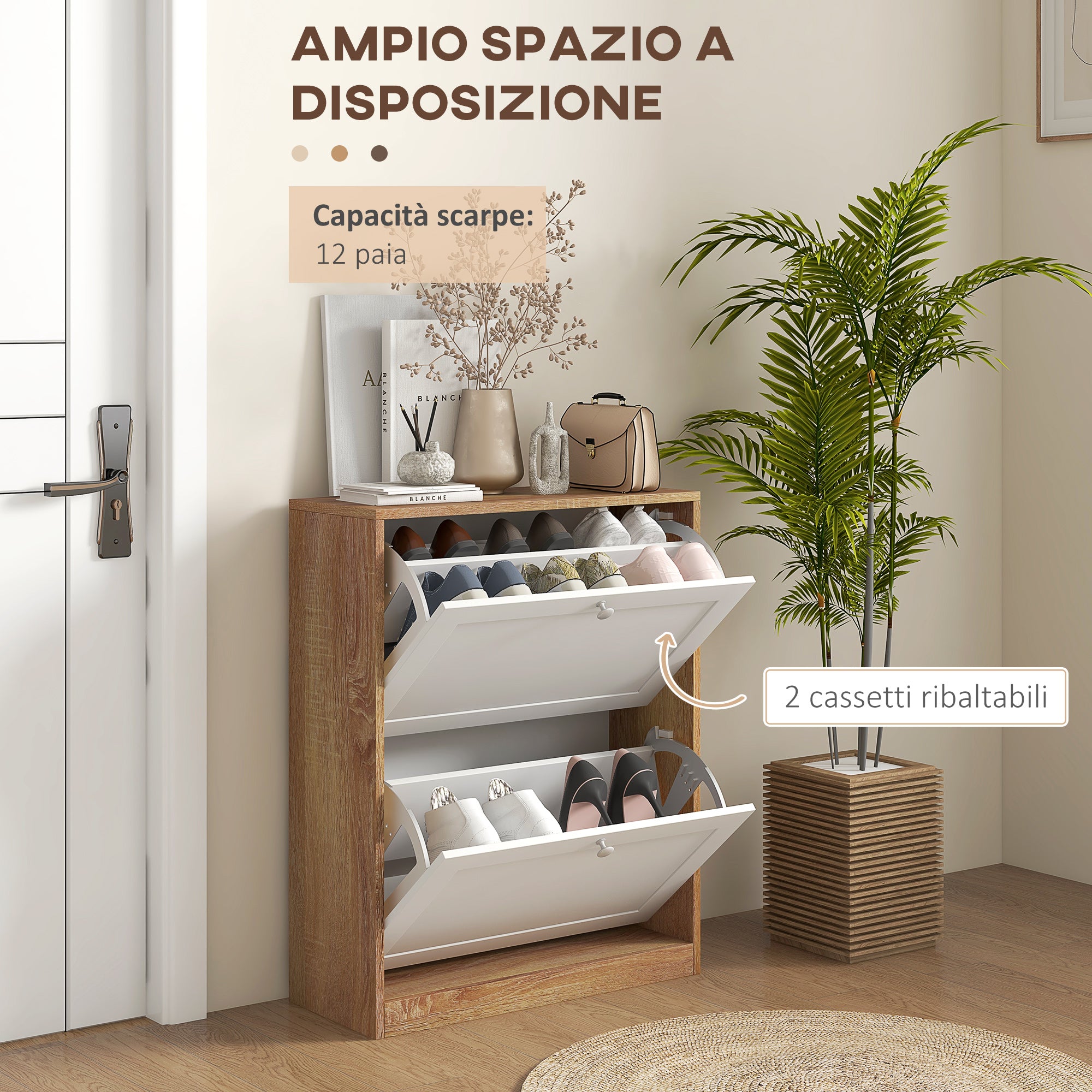 Slim Shoe Cabinet with 3 Adjustable Shelves at 2 Levels or Removable for 12 Pairs, Shoe Storage Cabinet in Chipboard and MDF Space Saver, 60x24.5x75.5 cm, White and Oak