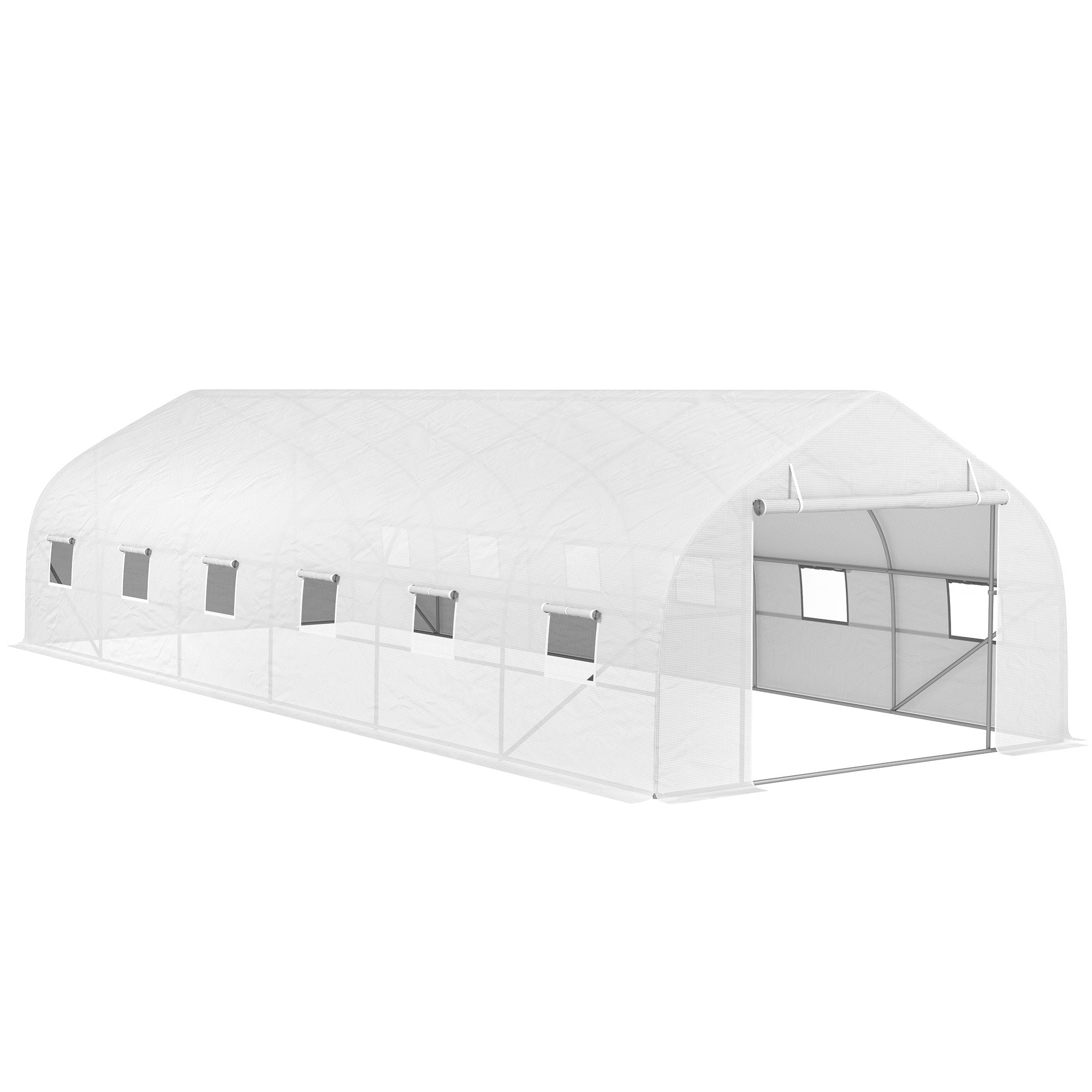 Tunnel Greenhouse 24 sqm with PE Cover Galvanized Steel Frame Ø 24 mm 12 Green Windows and Roller Door 8 x 3 x 2 m White