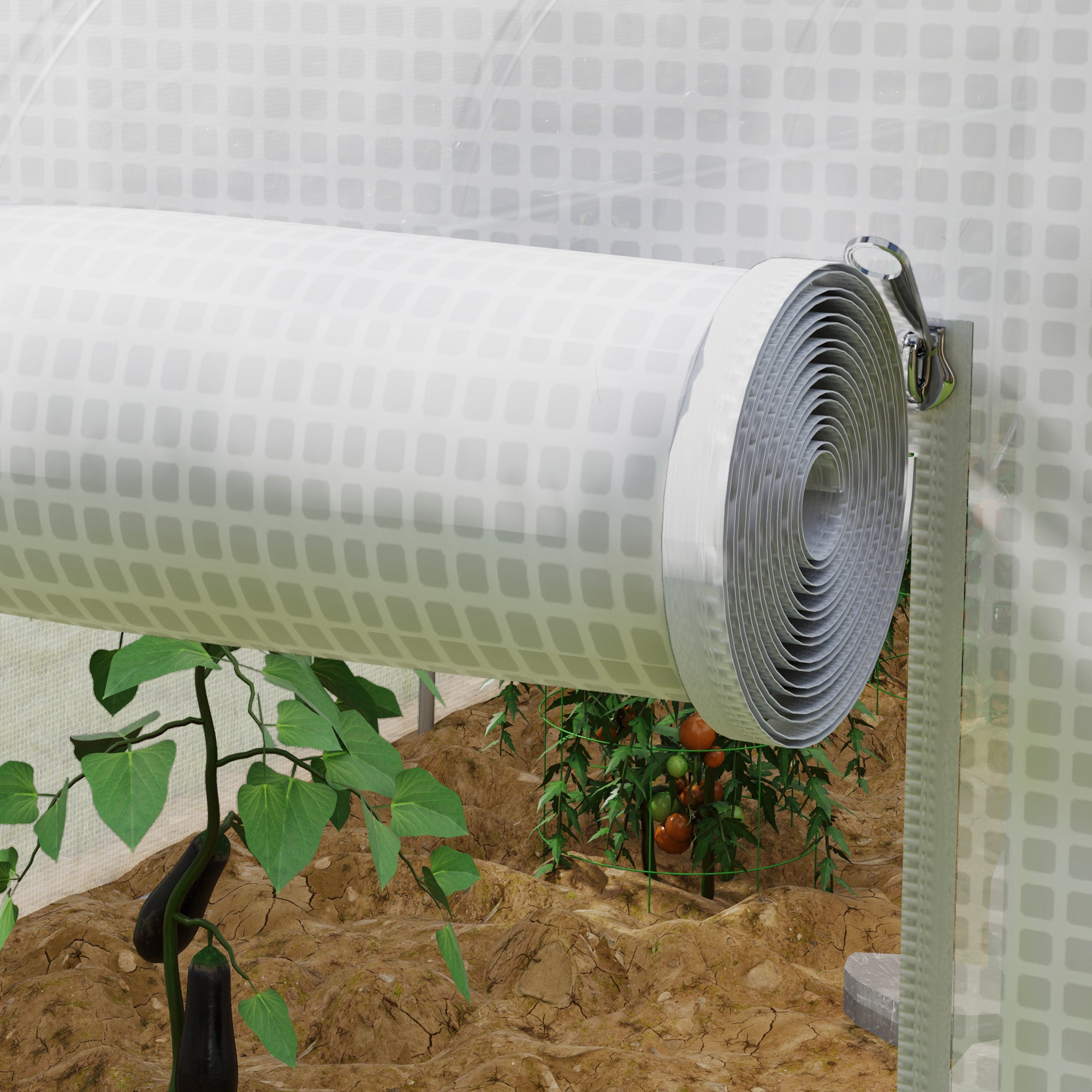 Tunnel Greenhouse 24 sqm with PE Cover Galvanized Steel Frame Ø 24 mm 12 Green Windows and Roller Door 8 x 3 x 2 m White