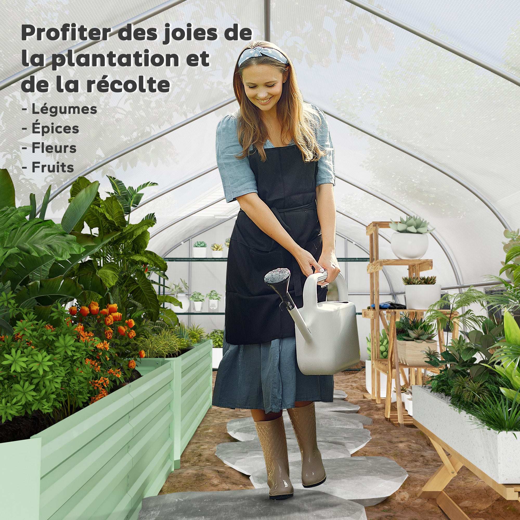Tunnel Greenhouse 24 sqm with PE Cover Galvanized Steel Frame Ø 24 mm 12 Green Windows and Roller Door 8 x 3 x 2 m White