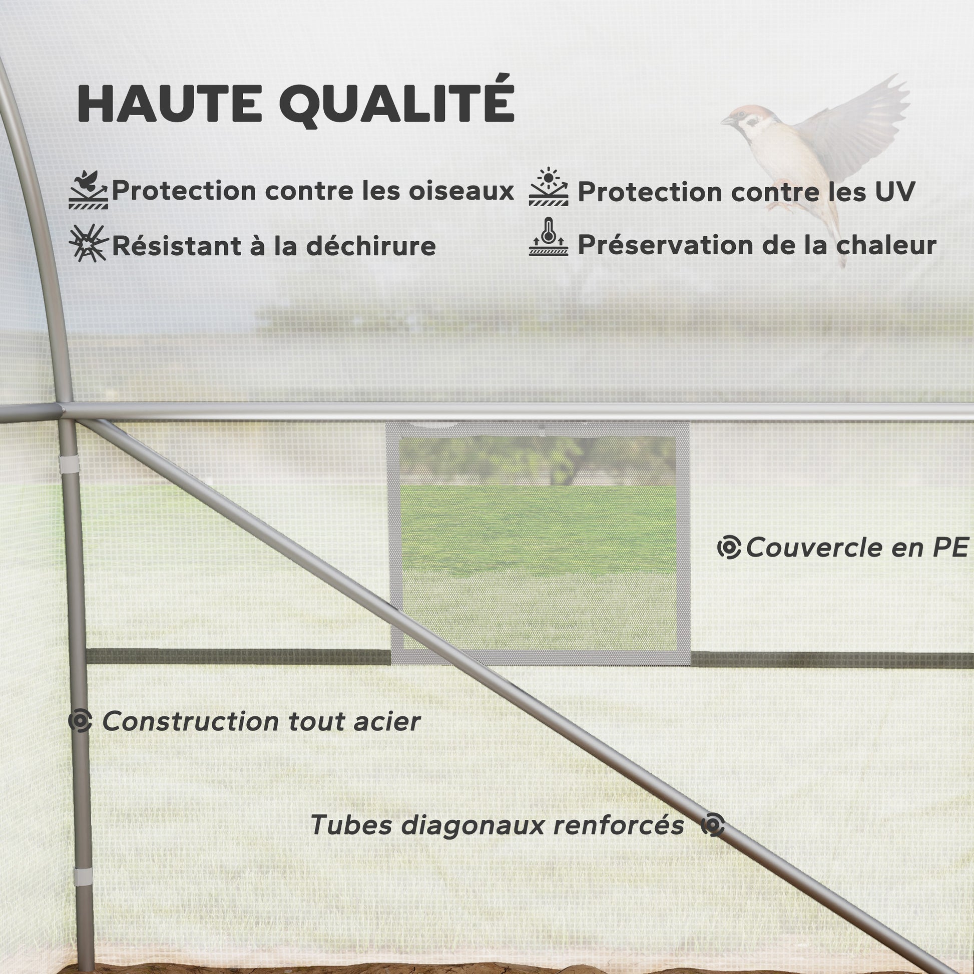 Tunnel Greenhouse 24 sqm with PE Cover Galvanized Steel Frame Ø 24 mm 12 Green Windows and Roller Door 8 x 3 x 2 m White