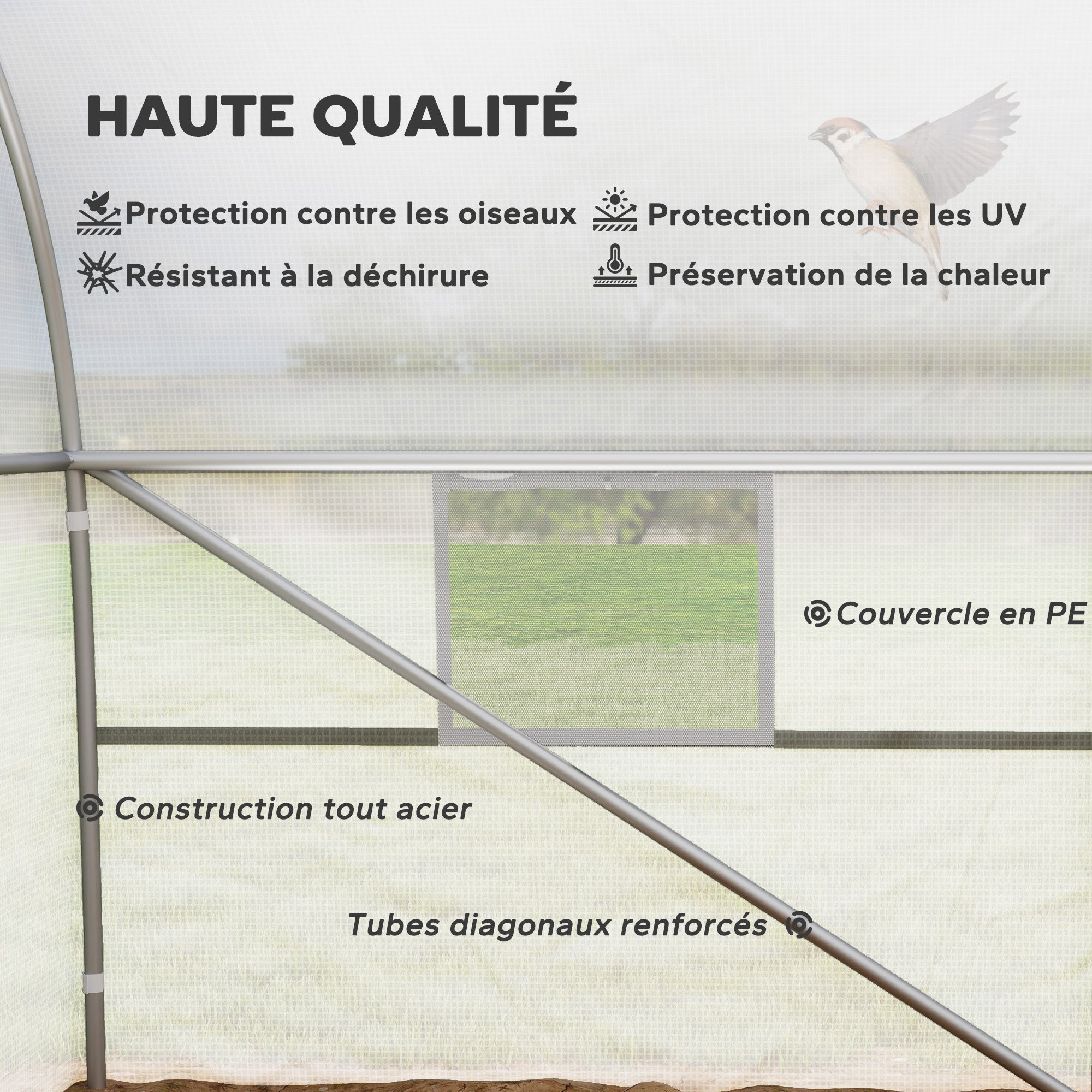 Tunnel Greenhouse 24 sqm with PE Cover Galvanized Steel Frame Ø 24 mm 12 Green Windows and Roller Door 8 x 3 x 2 m White