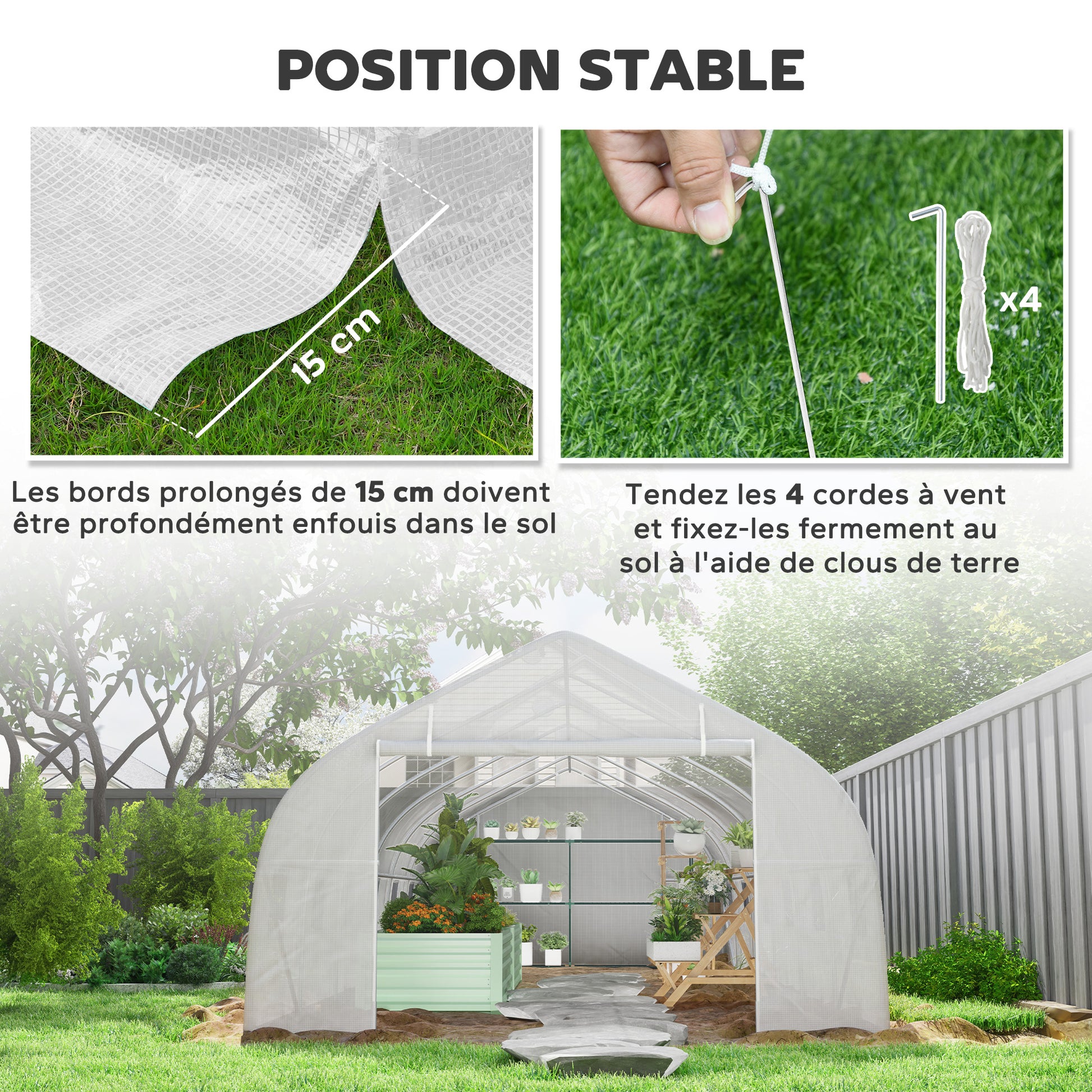 Tunnel Greenhouse 24 sqm with PE Cover Galvanized Steel Frame Ø 24 mm 12 Green Windows and Roller Door 8 x 3 x 2 m White