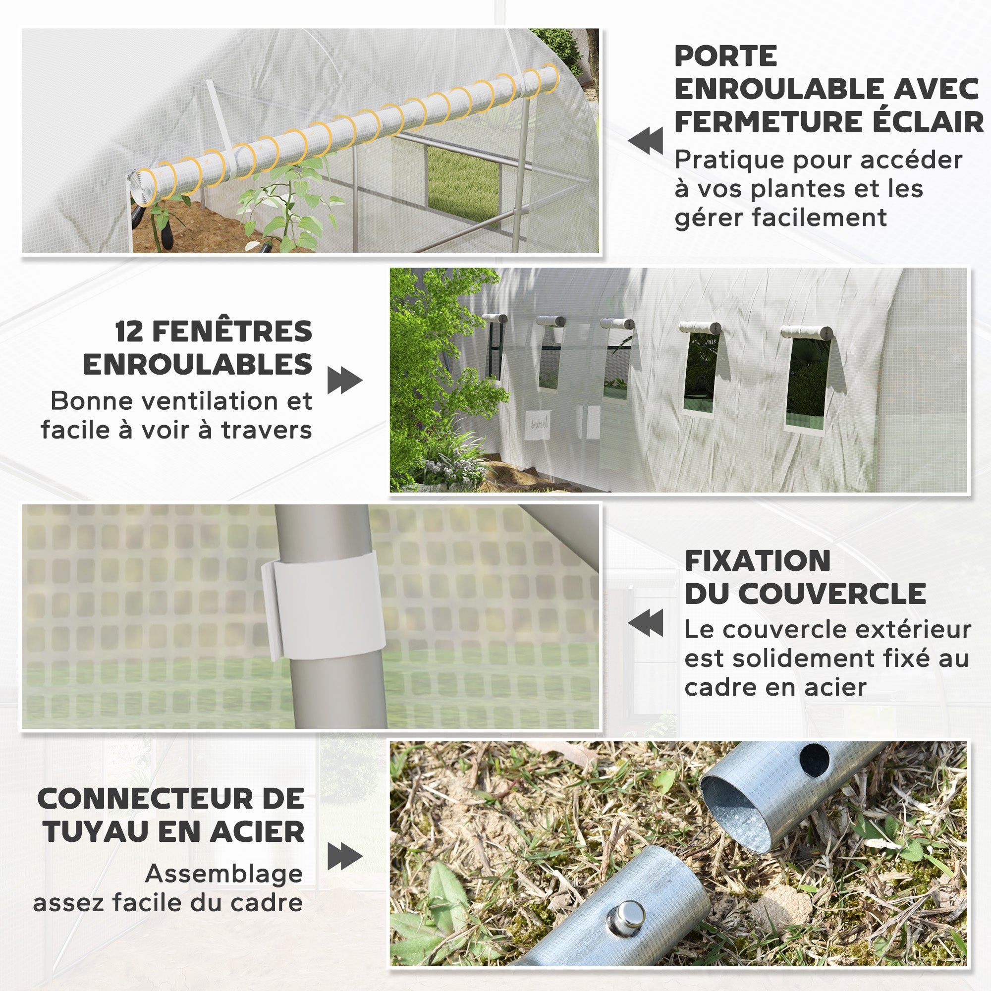 Tunnel Greenhouse 24 sqm with PE Cover Galvanized Steel Frame Ø 24 mm 12 Green Windows and Roller Door 8 x 3 x 2 m White