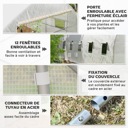 Tunnel Greenhouse 24 sqm with PE Cover Galvanized Steel Frame Ø 24 mm 12 Green Windows and Roller Door 8 x 3 x 2 m White