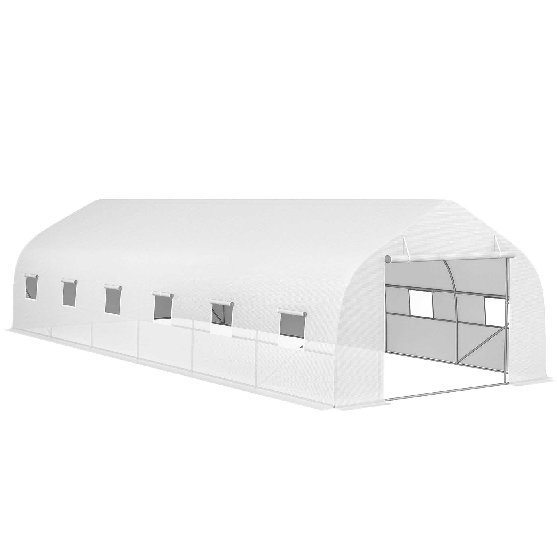 Tunnel Greenhouse 24 sqm with PE Cover Galvanized Steel Frame Ø 24 mm 12 Green Windows and Roller Door 8 x 3 x 2 m White